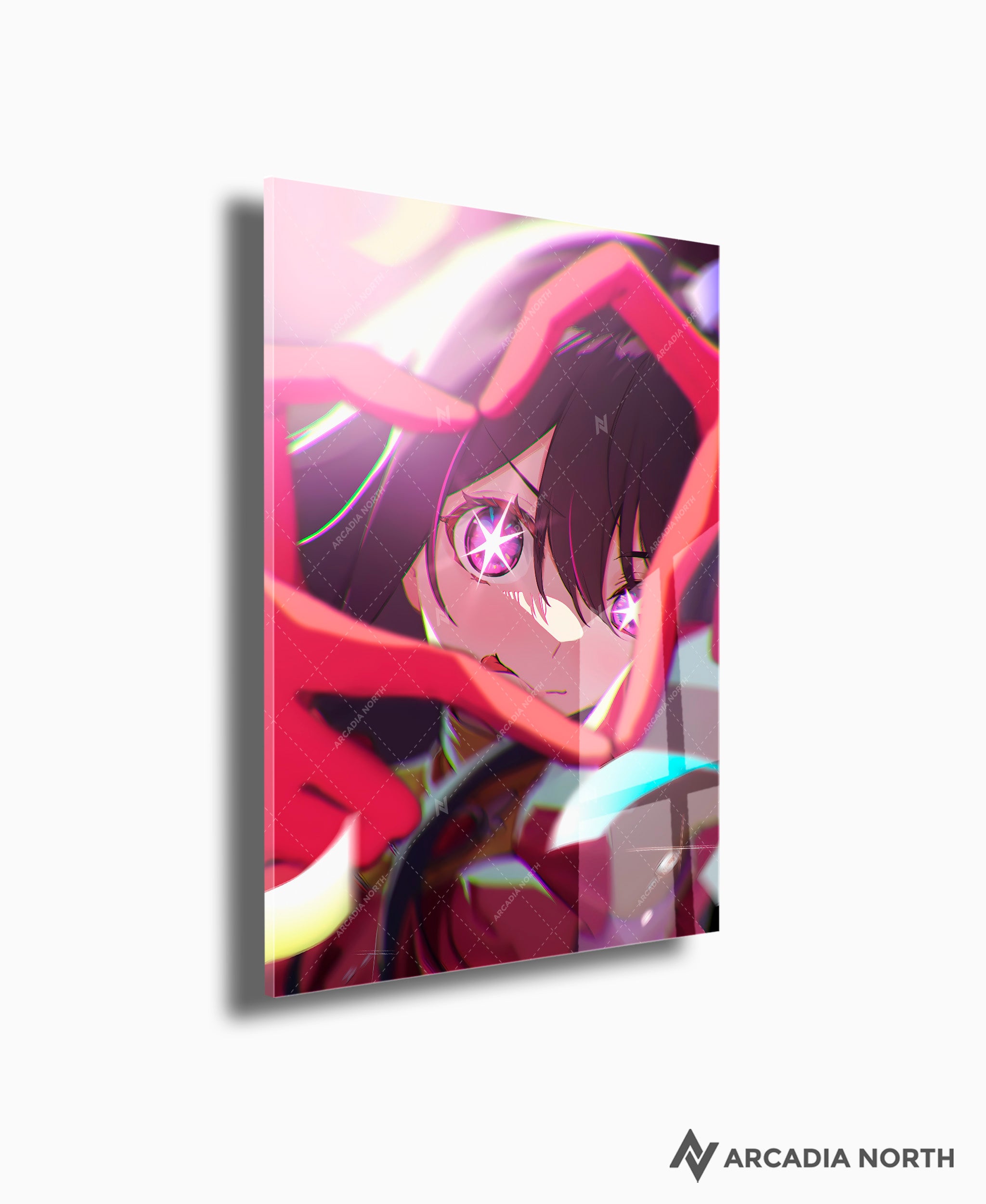 Oshi no Ko anime acrylic poster by Arcadia North. Featuring Ai Hoshino making a heart symbol with her fingers. Acrylic wall art printed on acrylic.