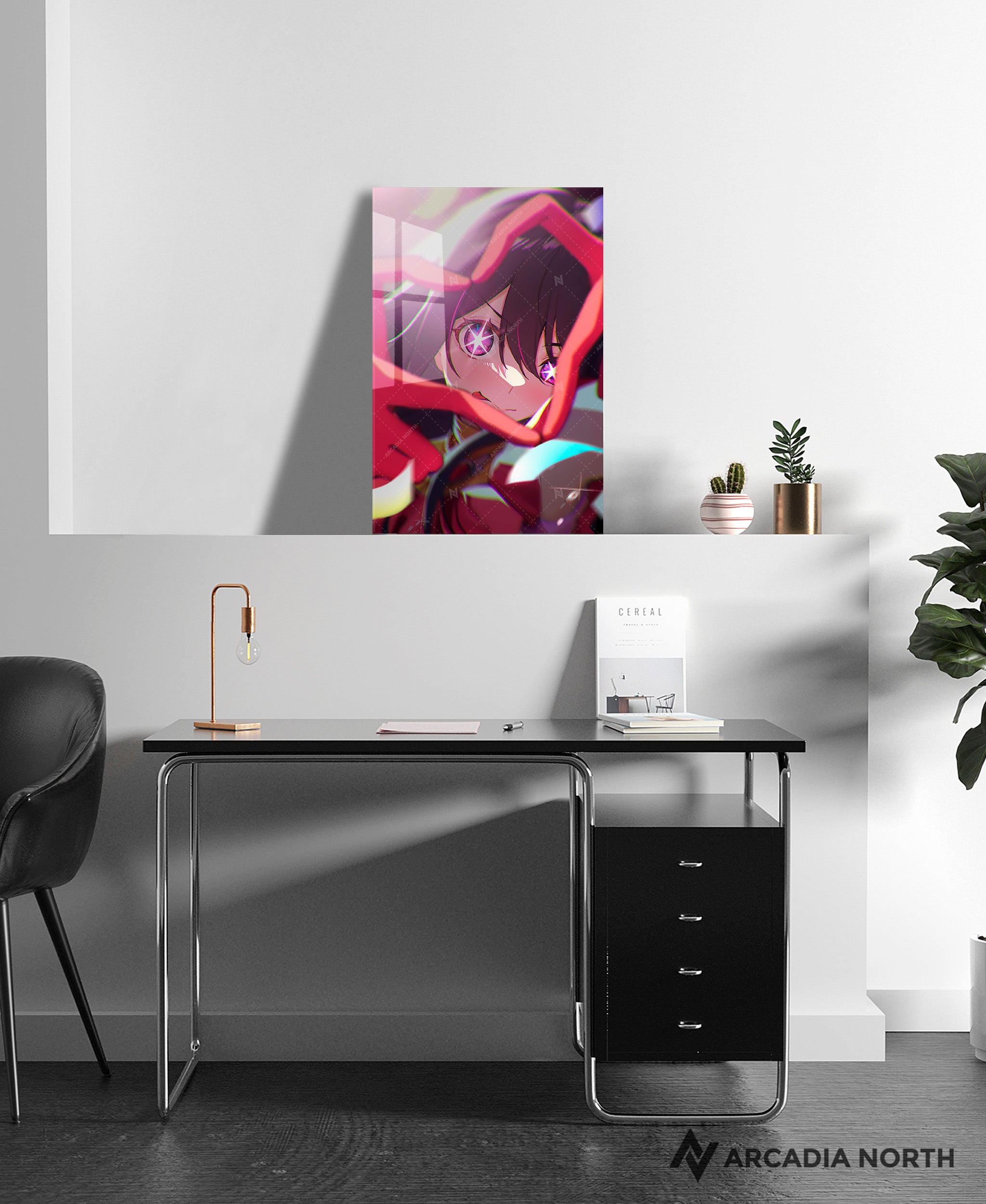 Oshi no Ko anime acrylic poster by Arcadia North. Featuring Ai Hoshino making a heart symbol with her fingers. Acrylic wall art printed on acrylic.