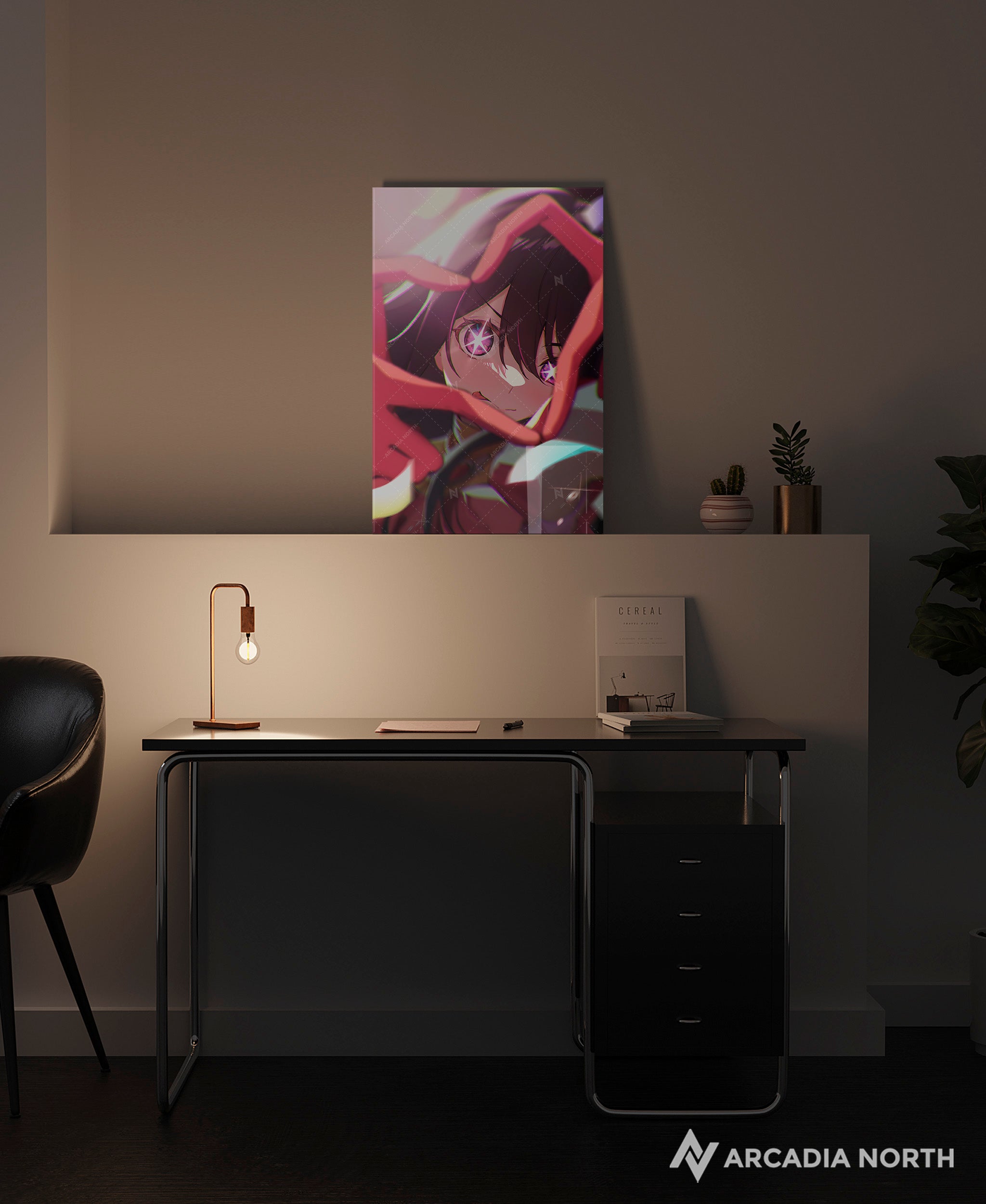 Oshi no Ko anime acrylic poster by Arcadia North. Featuring Ai Hoshino making a heart symbol with her fingers. Acrylic wall art printed on acrylic.