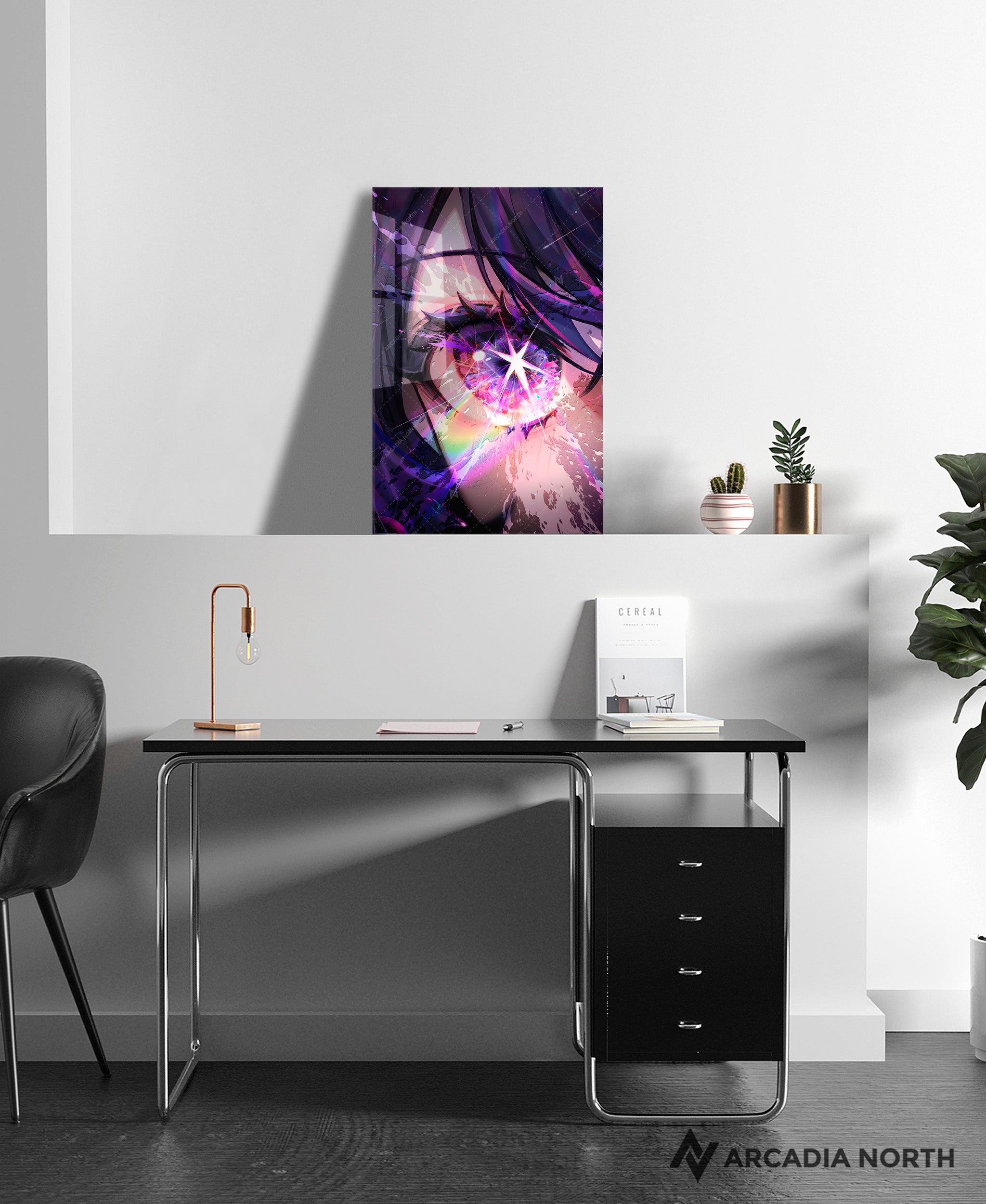 Oshi no Ko anime acrylic poster by Arcadia North. Featuring a close-up of Ai Hoshino's star eye. Acrylic wall art printed on acrylic.