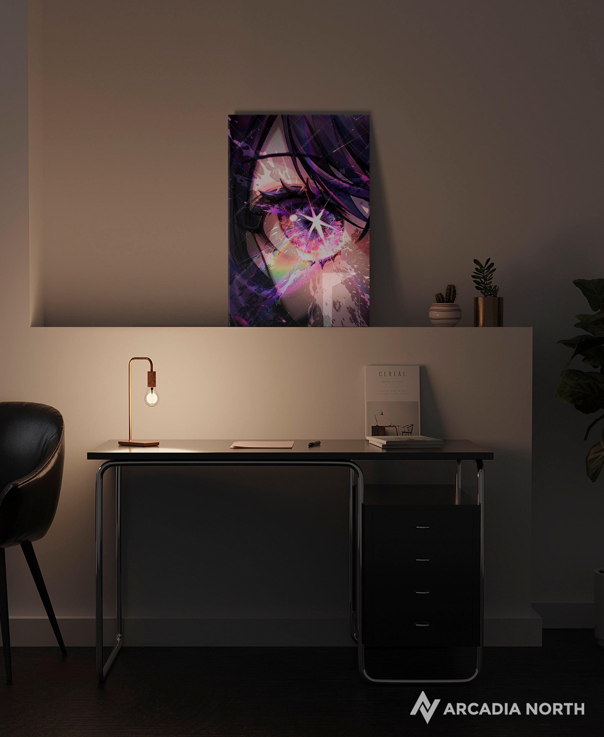 Oshi no Ko anime acrylic poster by Arcadia North. Featuring a close-up of Ai Hoshino's star eye. Acrylic wall art printed on acrylic.