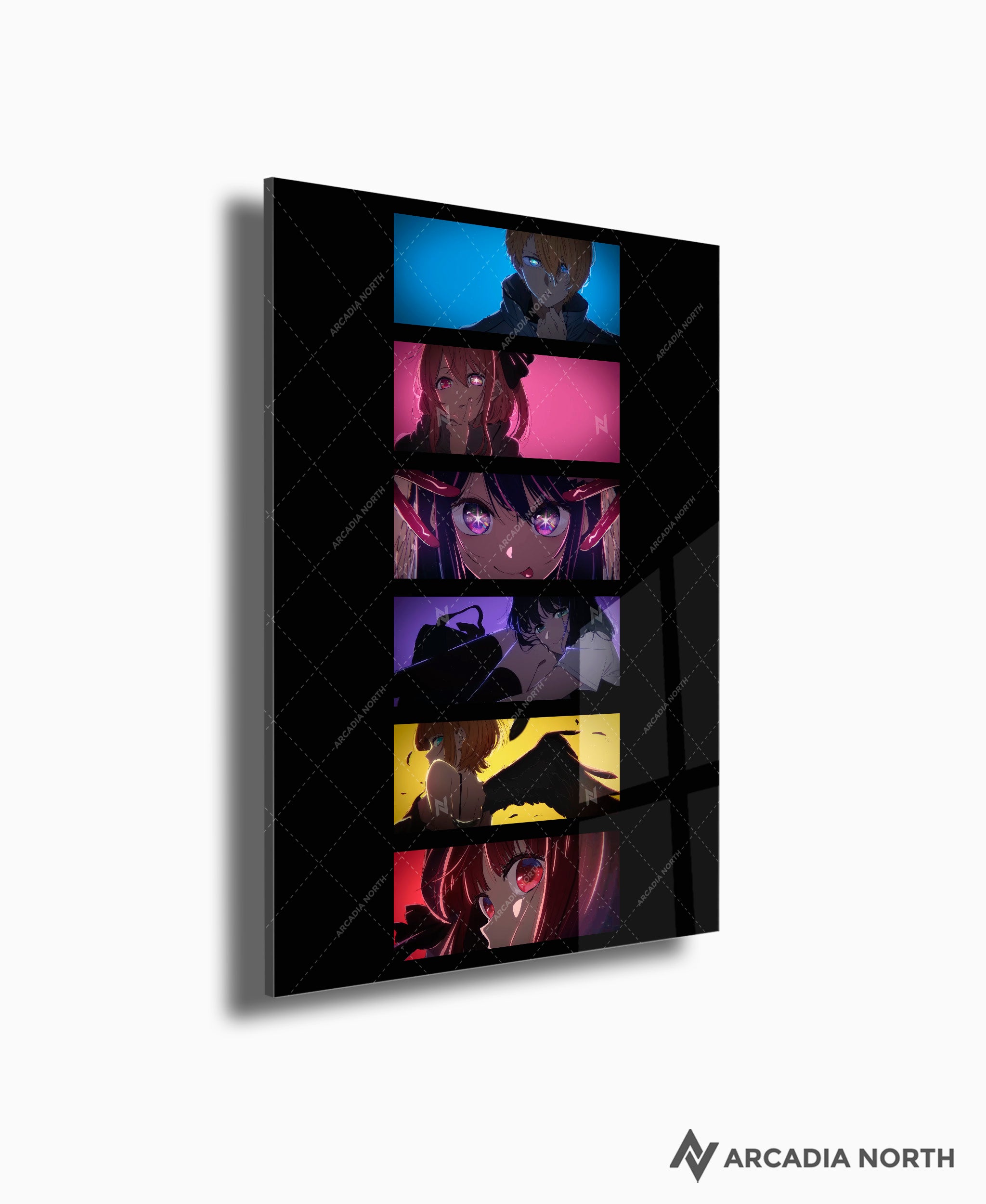 Oshi no Ko anime acrylic poster by Arcadia North. Character collage from the ending OST ED Mephisto. Featuring Aqua Hoshino, Ruby Hoshino, Ai Hoshino, Akane Kurokawa, Mem-cho, and Kana Arima. Acrylic wall art printed on acrylic.