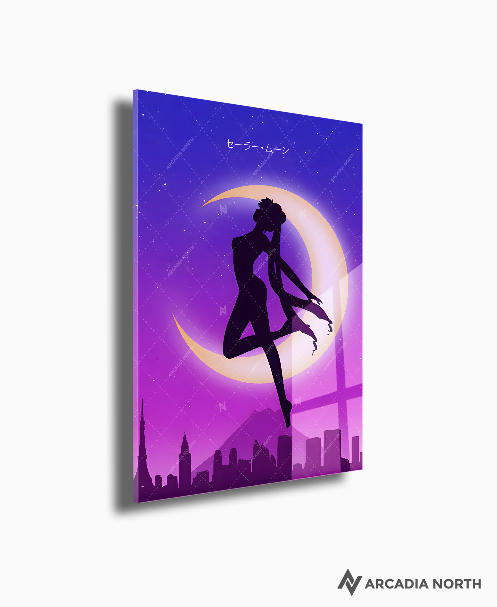 Sailor Moon anime acrylic poster by Arcadia North. Feauturing Usagi Tsukino and Sailor Moon written in Japanese Katakana. Acrylic wall art printed on acrylic.