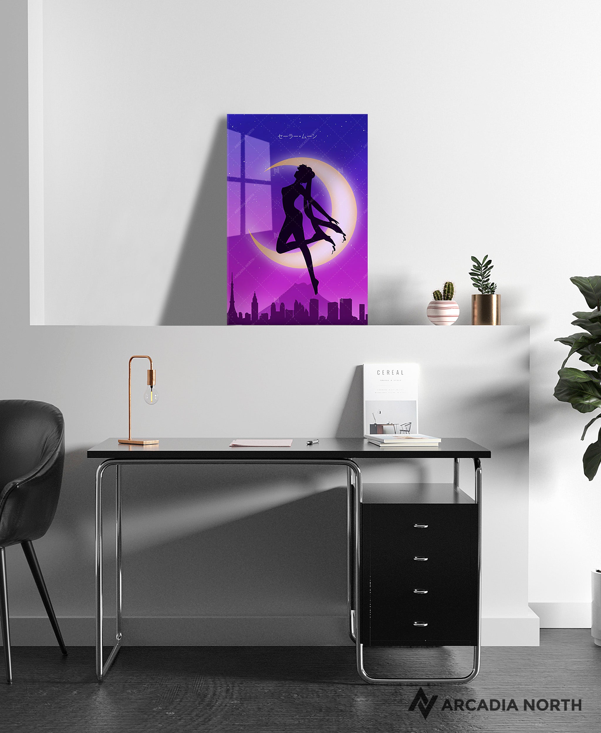 Sailor Moon anime acrylic poster by Arcadia North. Feauturing Usagi Tsukino and Sailor Moon written in Japanese Katakana.