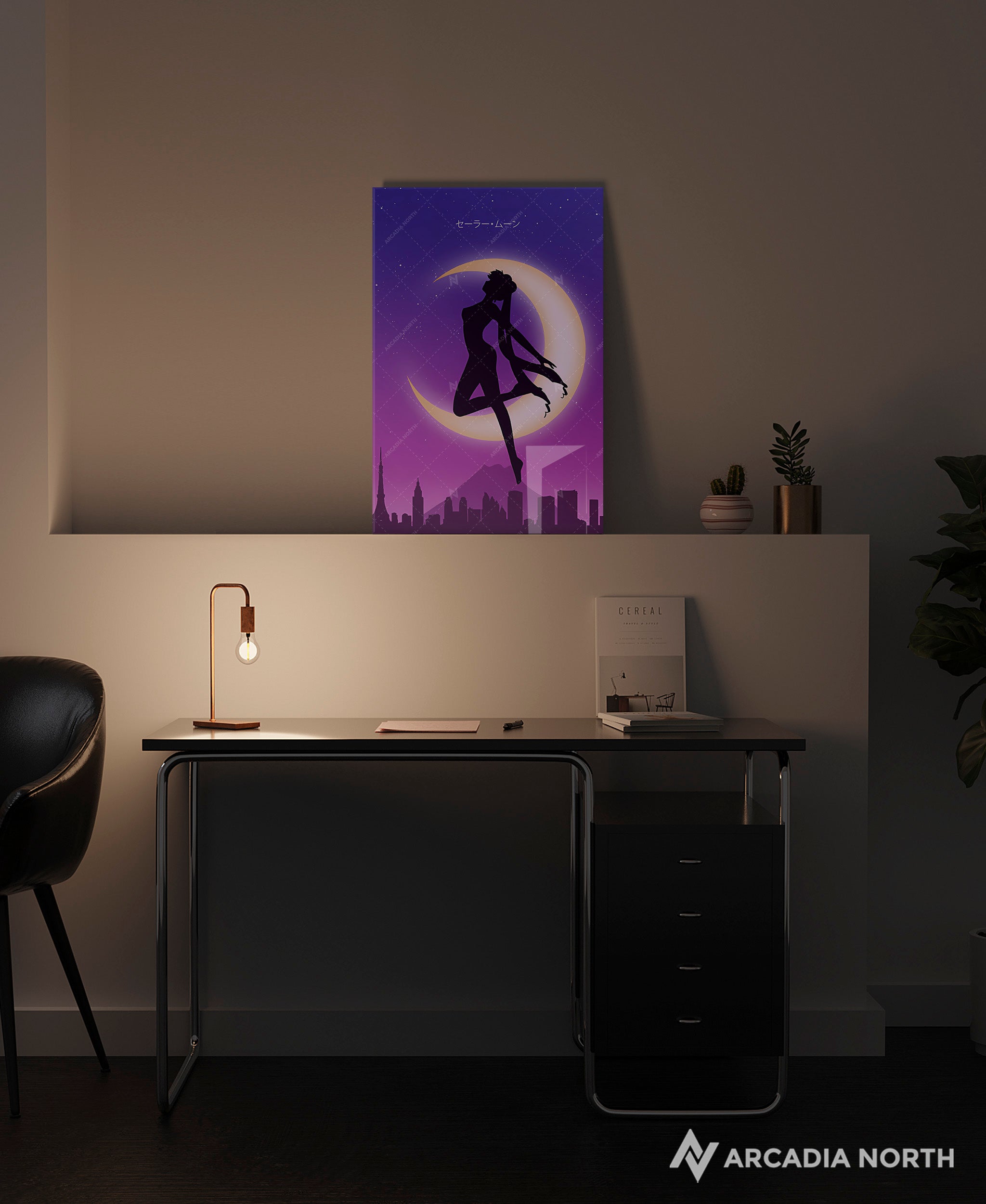 Sailor Moon anime acrylic poster by Arcadia North. Feauturing Usagi Tsukino and Sailor Moon written in Japanese Katakana. Acrylic wall art printed on acrylic.