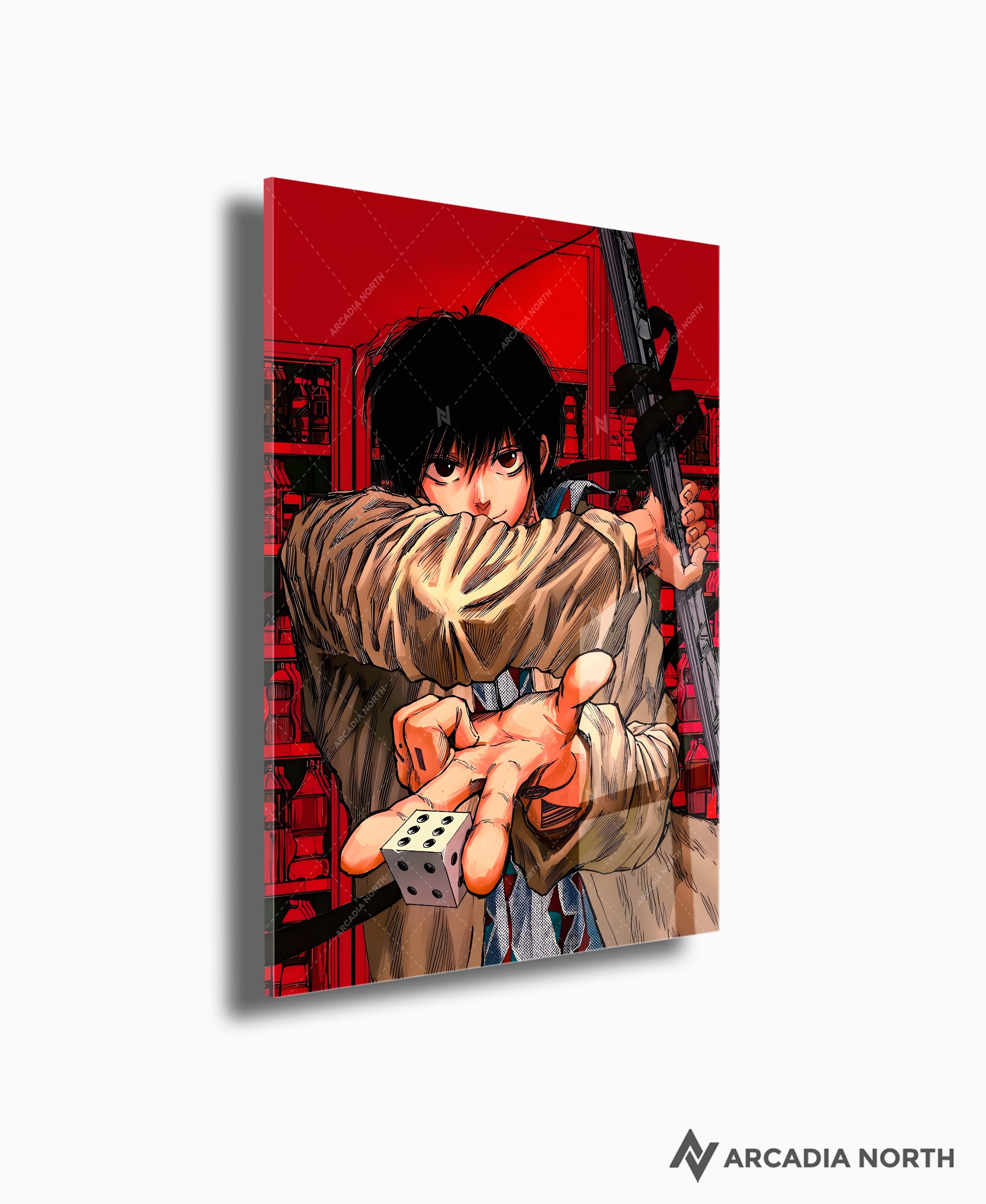 Sakamoto Days anime acrylic poster by Arcadia North. Textless no text clean manga cover for Volume 6 "Bad Luck" featuring Yoichi Nagumo. Acrylic wall art printed on acrylic.