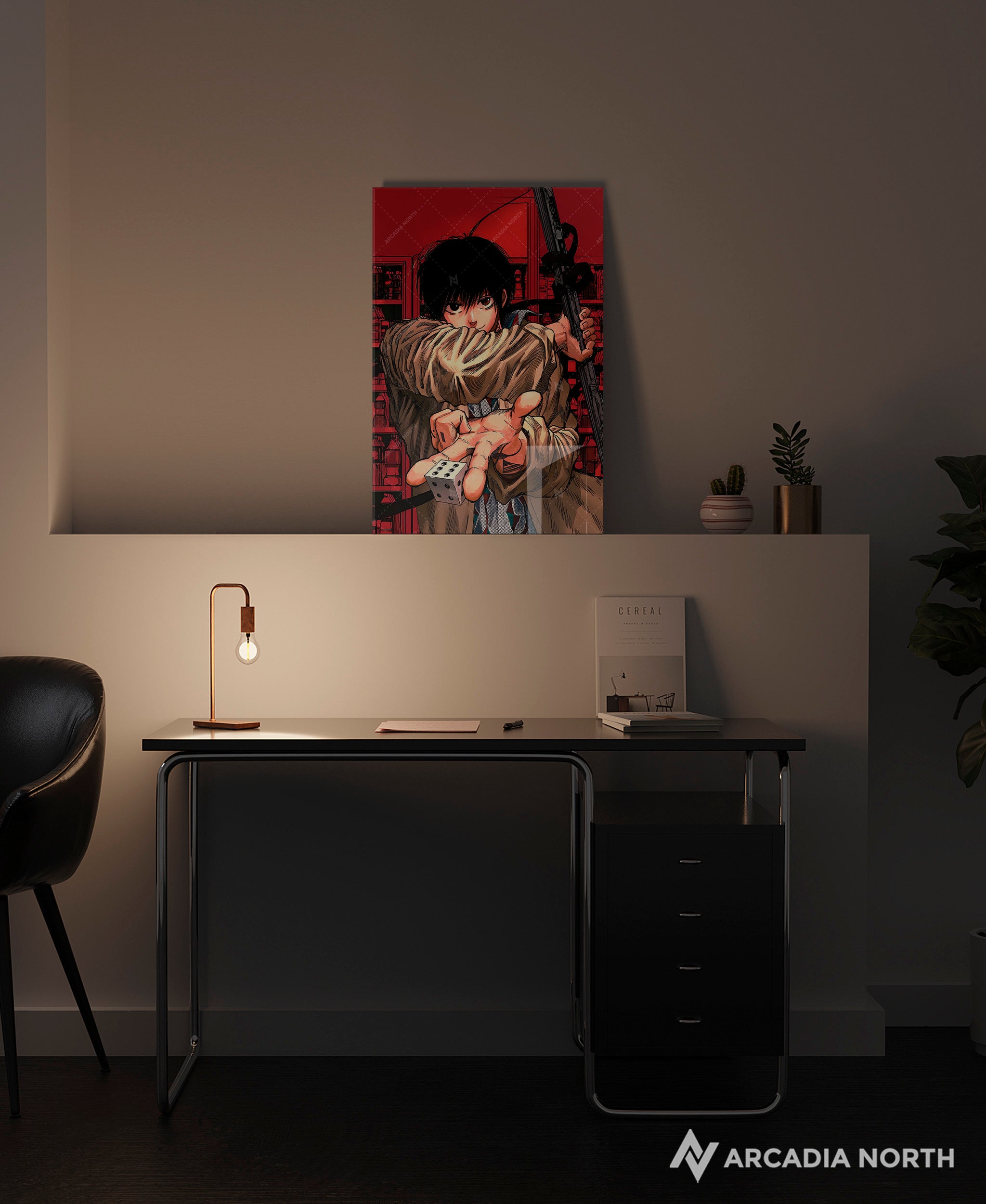 Sakamoto Days anime acrylic poster by Arcadia North. Textless no text clean manga cover for Volume 6 "Bad Luck" featuring Yoichi Nagumo. Acrylic wall art printed on acrylic.