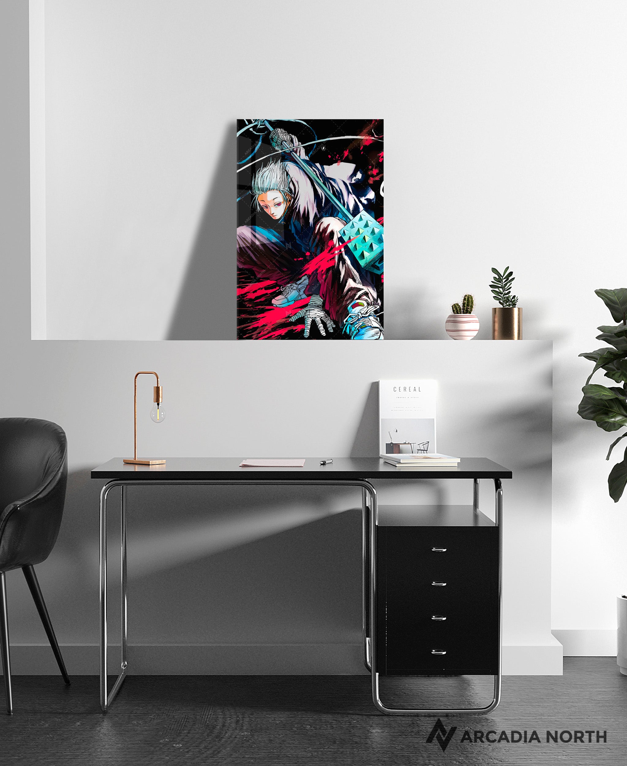 Sakamoto Days anime acrylic poster by Arcadia North. Textless no text clean manga cover for Volume 7 "I Got This" featuring Gaku. Acrylic wall art printed on acrylic.