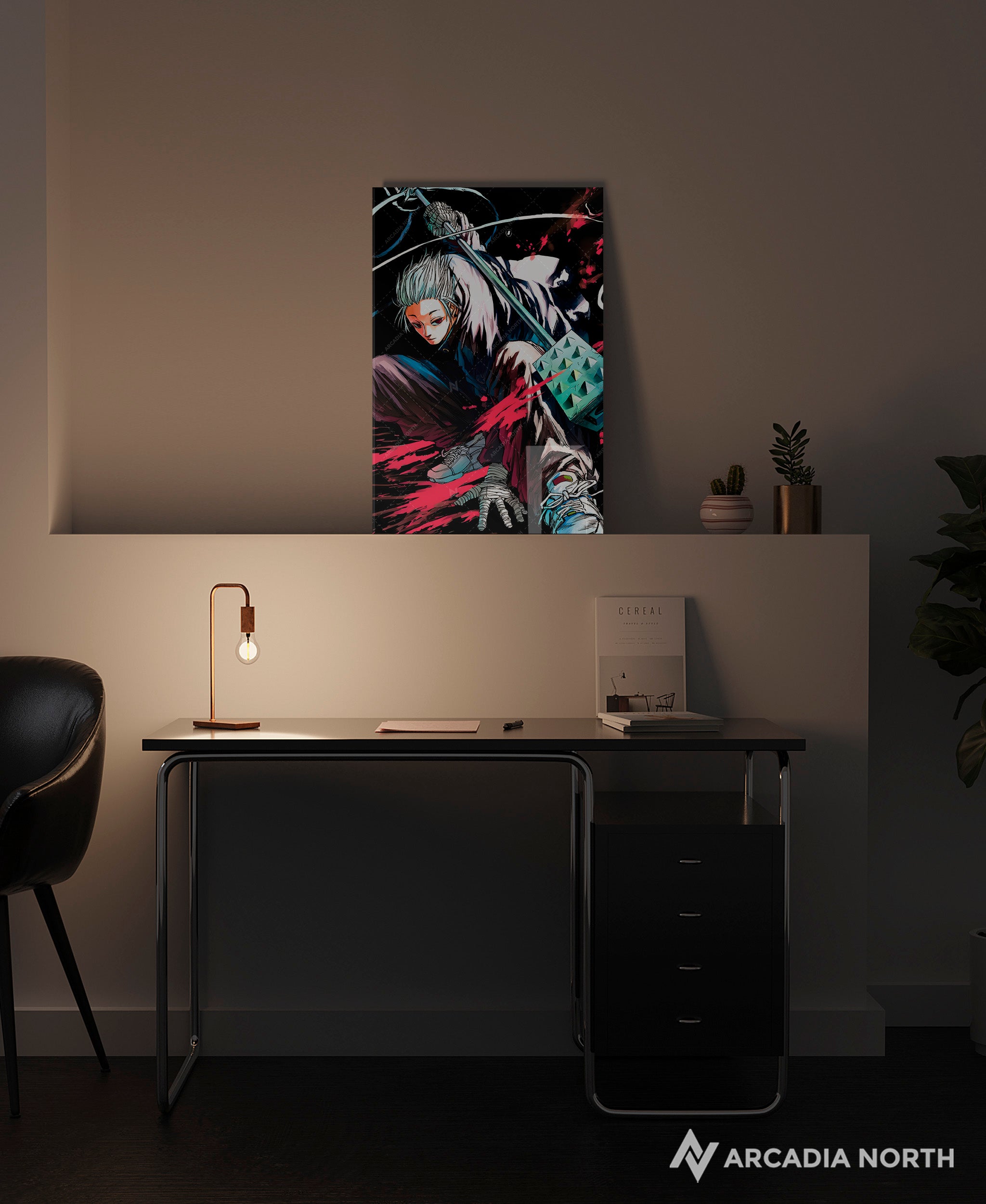 Sakamoto Days anime acrylic poster by Arcadia North. Textless no text clean manga cover for Volume 7 "I Got This" featuring Gaku. Acrylic wall art printed on acrylic.