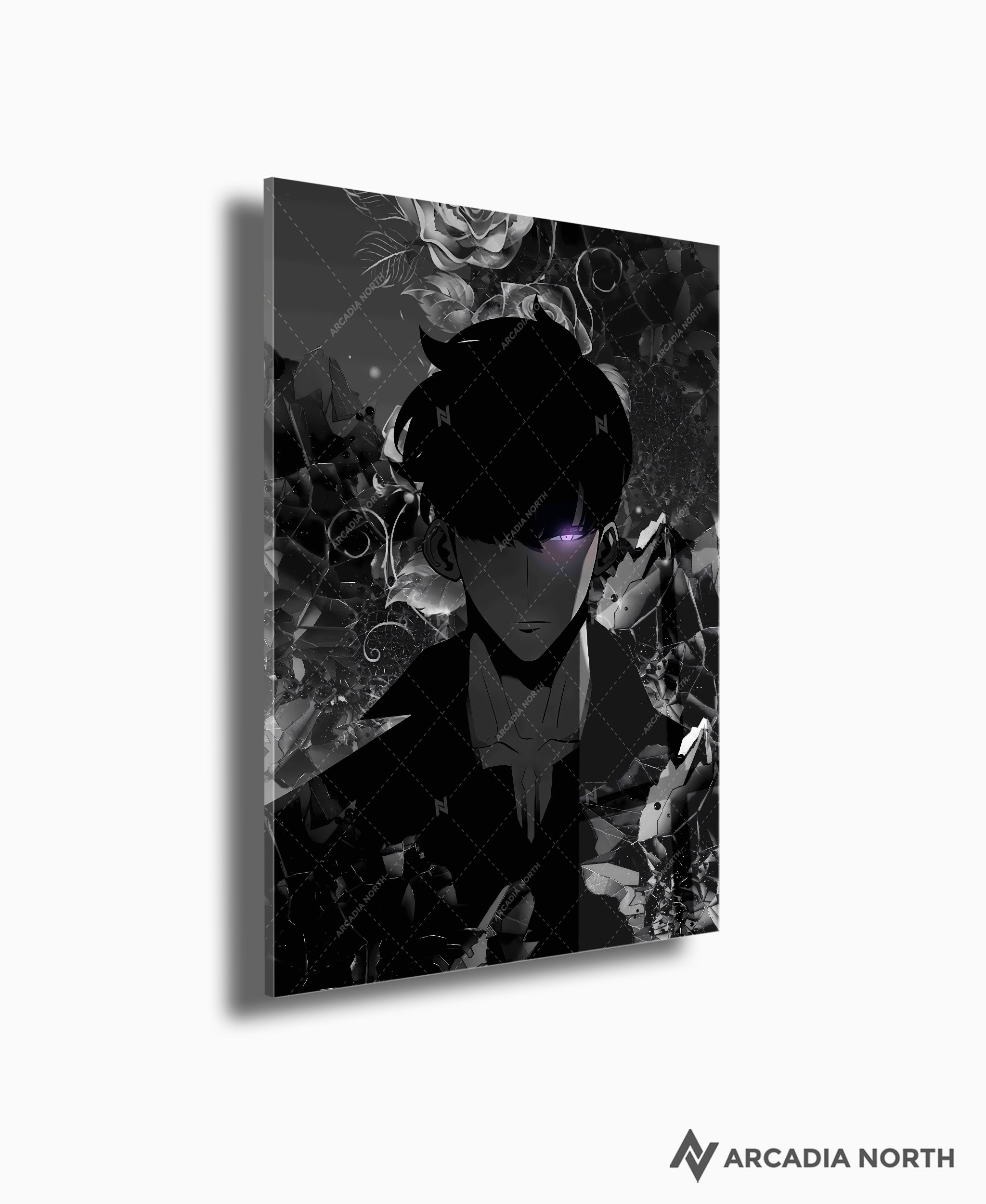 Solo Leveling anime acrylic poster by Arcadia North. Feauturing Sung Jinwoo in black and white with a glowing eye. Acrylic wall art printed on acrylic.