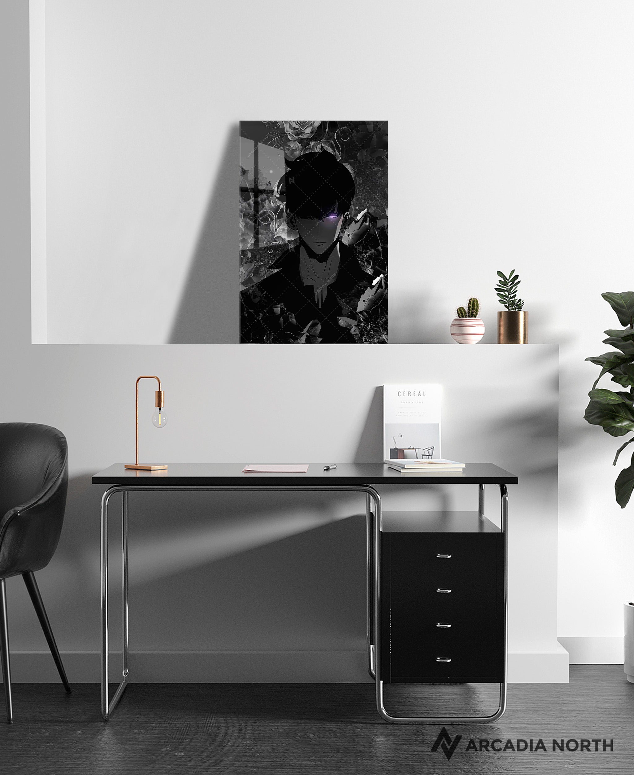 Solo Leveling anime acrylic poster by Arcadia North. Feauturing Sung Jinwoo in black and white with a glowing eye. Acrylic wall art printed on acrylic.