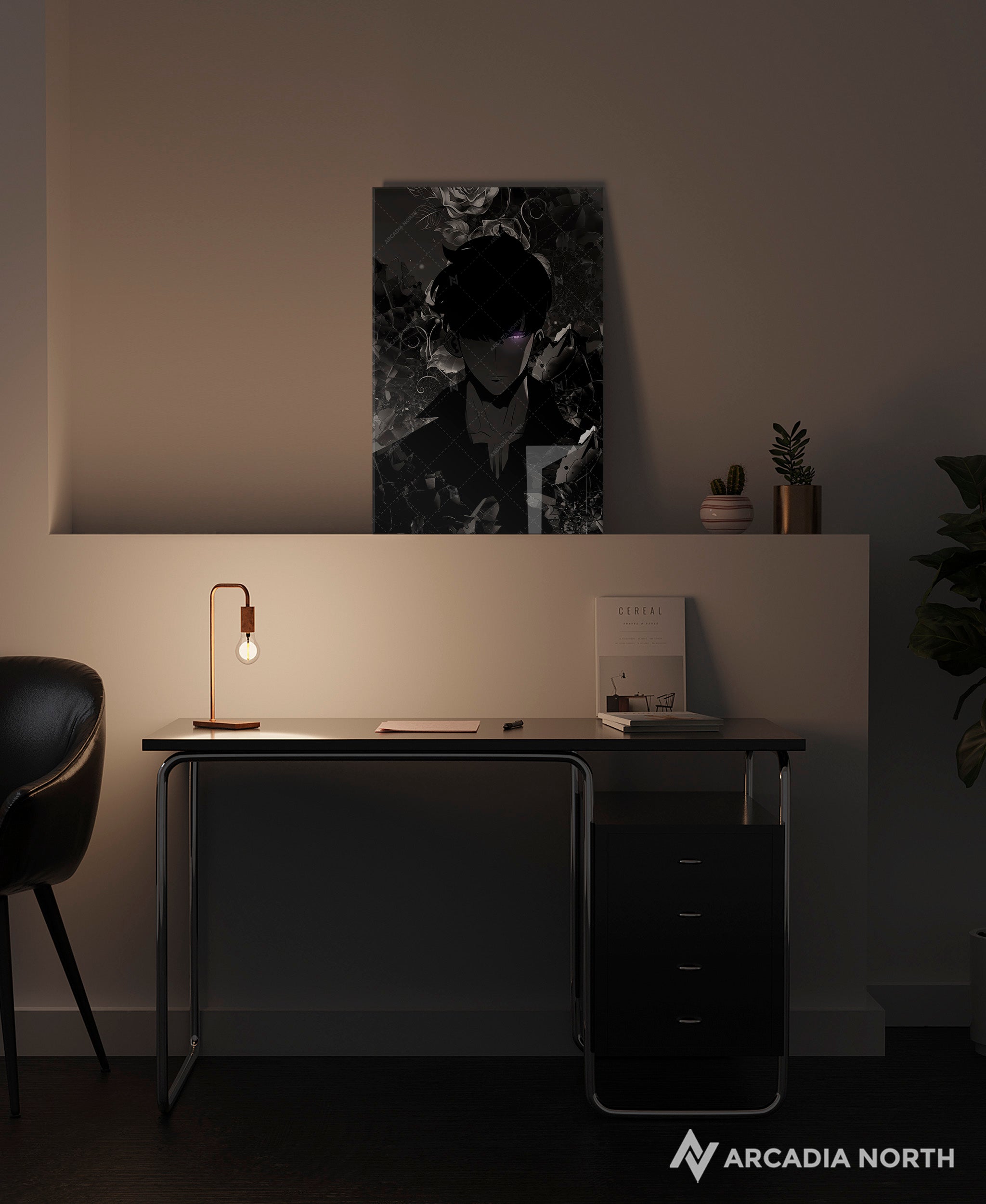 Solo Leveling anime acrylic poster by Arcadia North. Feauturing Sung Jinwoo in black and white with a glowing eye. Acrylic wall art printed on acrylic.