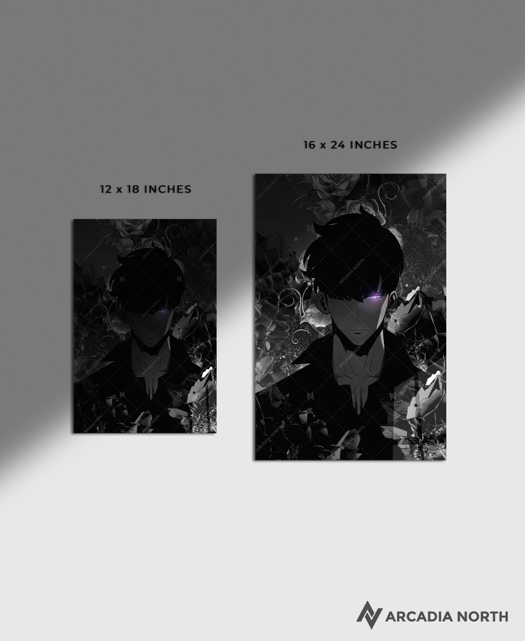 Solo Leveling anime acrylic poster by Arcadia North. Feauturing Sung Jinwoo in black and white with a glowing eye. Acrylic wall art printed on acrylic.