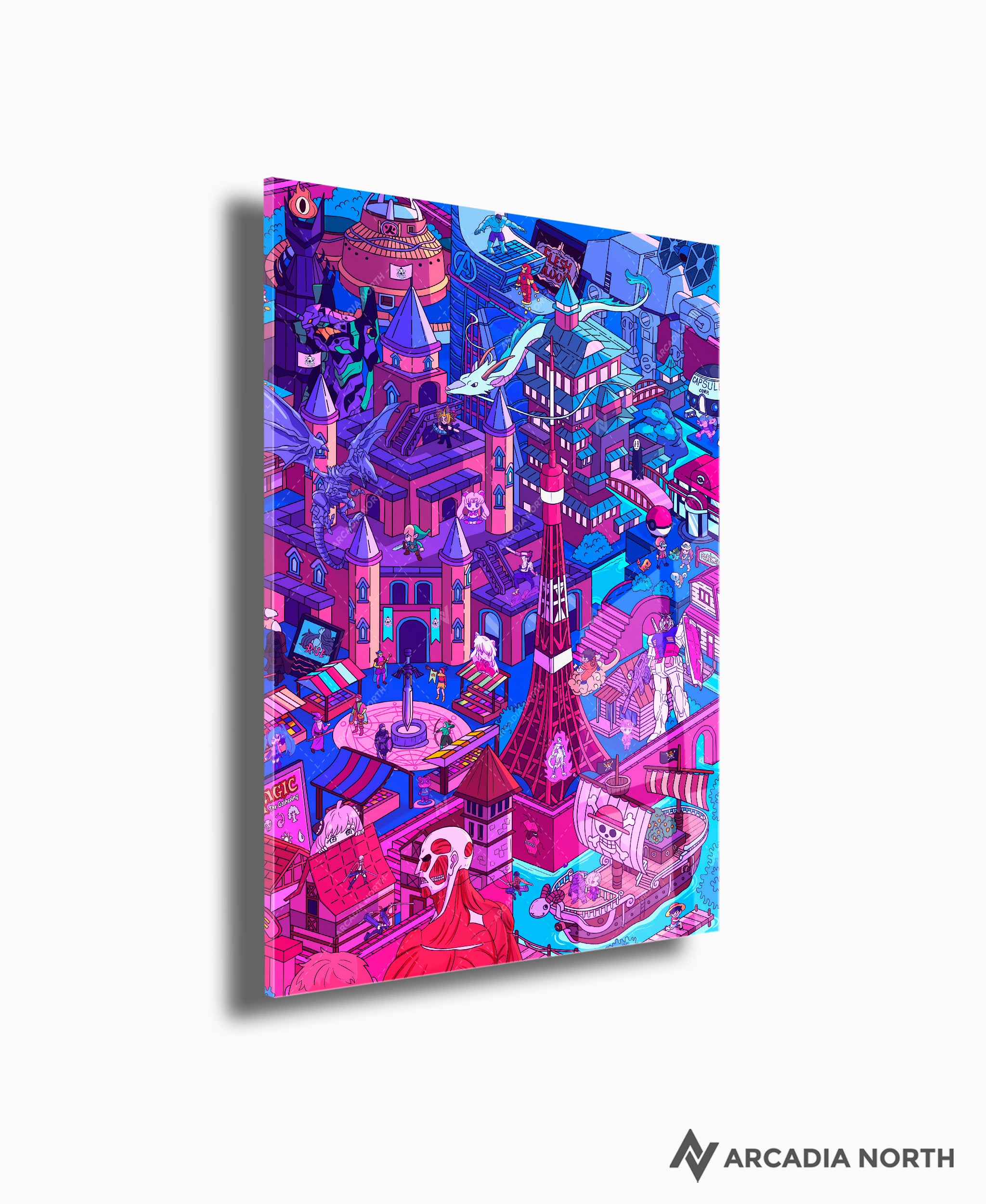 Arcadia North acrylic poster of a vaporwave lofi city with many anime references including One Piece, Attack on Titan, Spy x Family, Spirited Away, Sailor Moon, Inuyasha, Dragon Ball, and more. Anime City by Torasshuu. Acrylic wall art printed on acrylic.