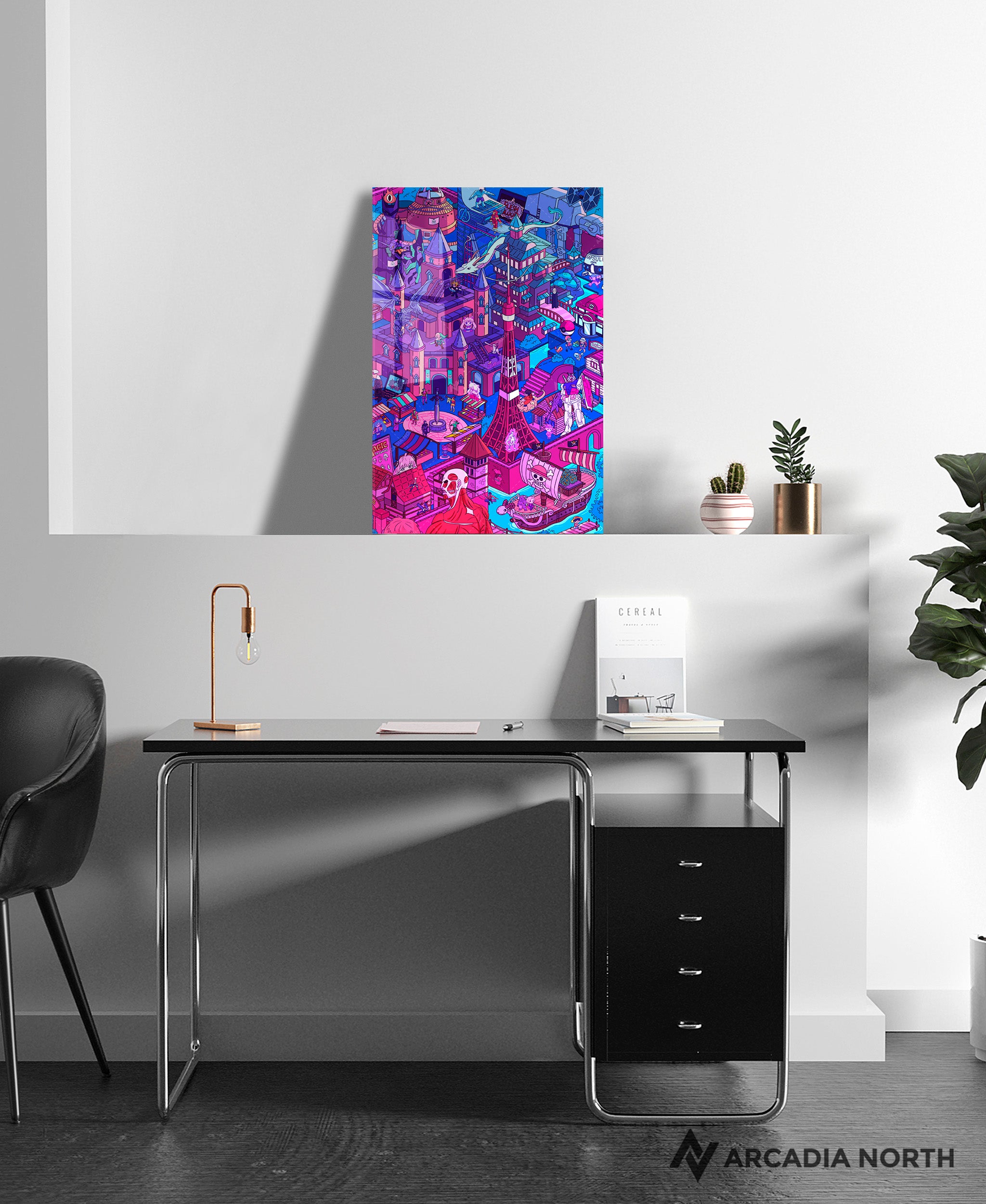 Arcadia North acrylic poster of a vaporwave lofi city with many anime references including One Piece, Attack on Titan, Spy x Family, Spirited Away, Sailor Moon, Inuyasha, Dragon Ball, and more. Anime City by Torasshuu. Acrylic wall art printed on acrylic.