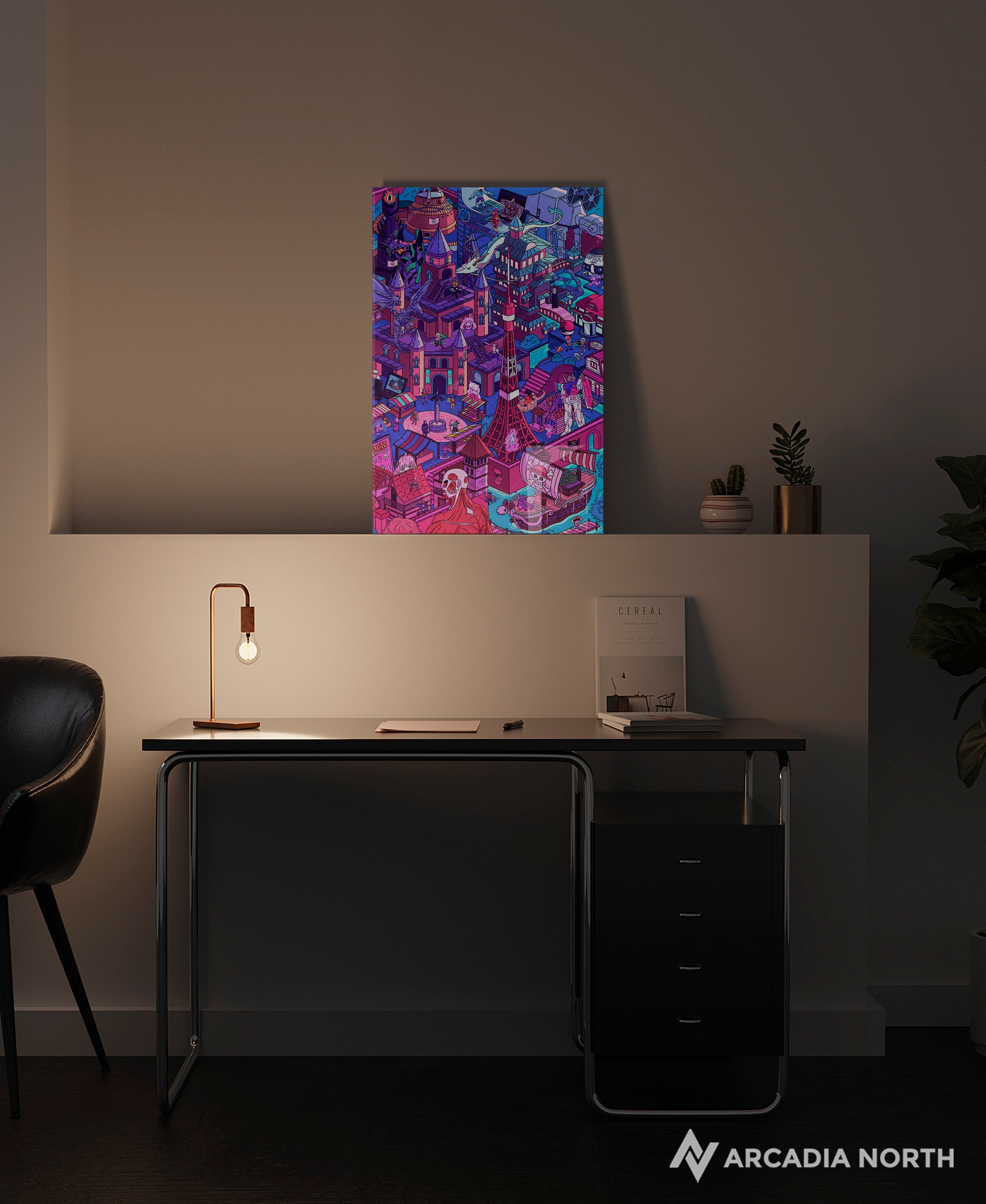 Arcadia North acrylic poster of a vaporwave lofi city with many anime references including One Piece, Attack on Titan, Spy x Family, Spirited Away, Sailor Moon, Inuyasha, Dragon Ball, and more. Anime City by Torasshuu. Acrylic wall art printed on acrylic.