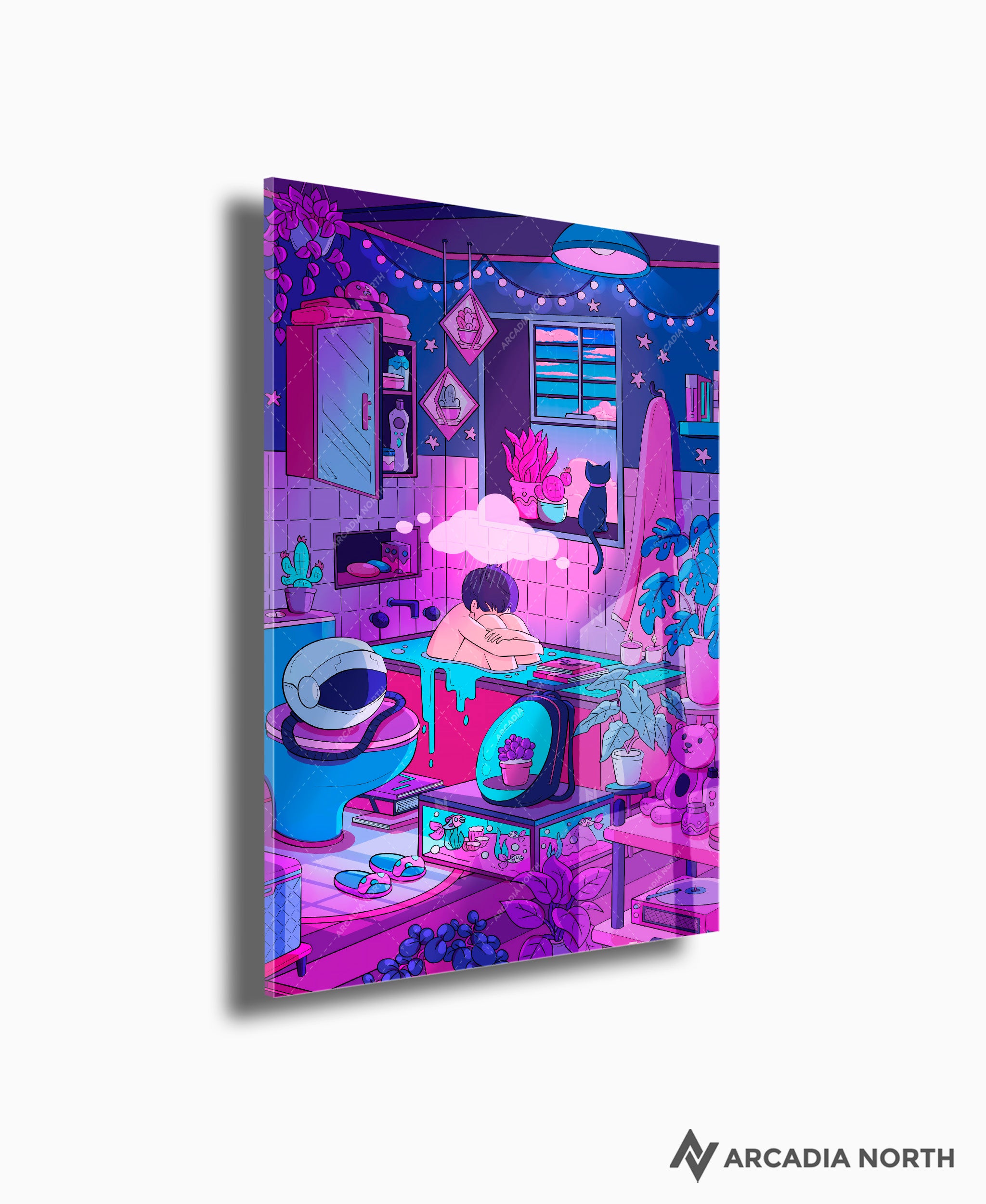 Arcadia North acrylic poster of a vaporwave lofi boy astronaut and his cat. Clouded Thoughts by Torasshuu. Acrylic wall art printed on acrylic.