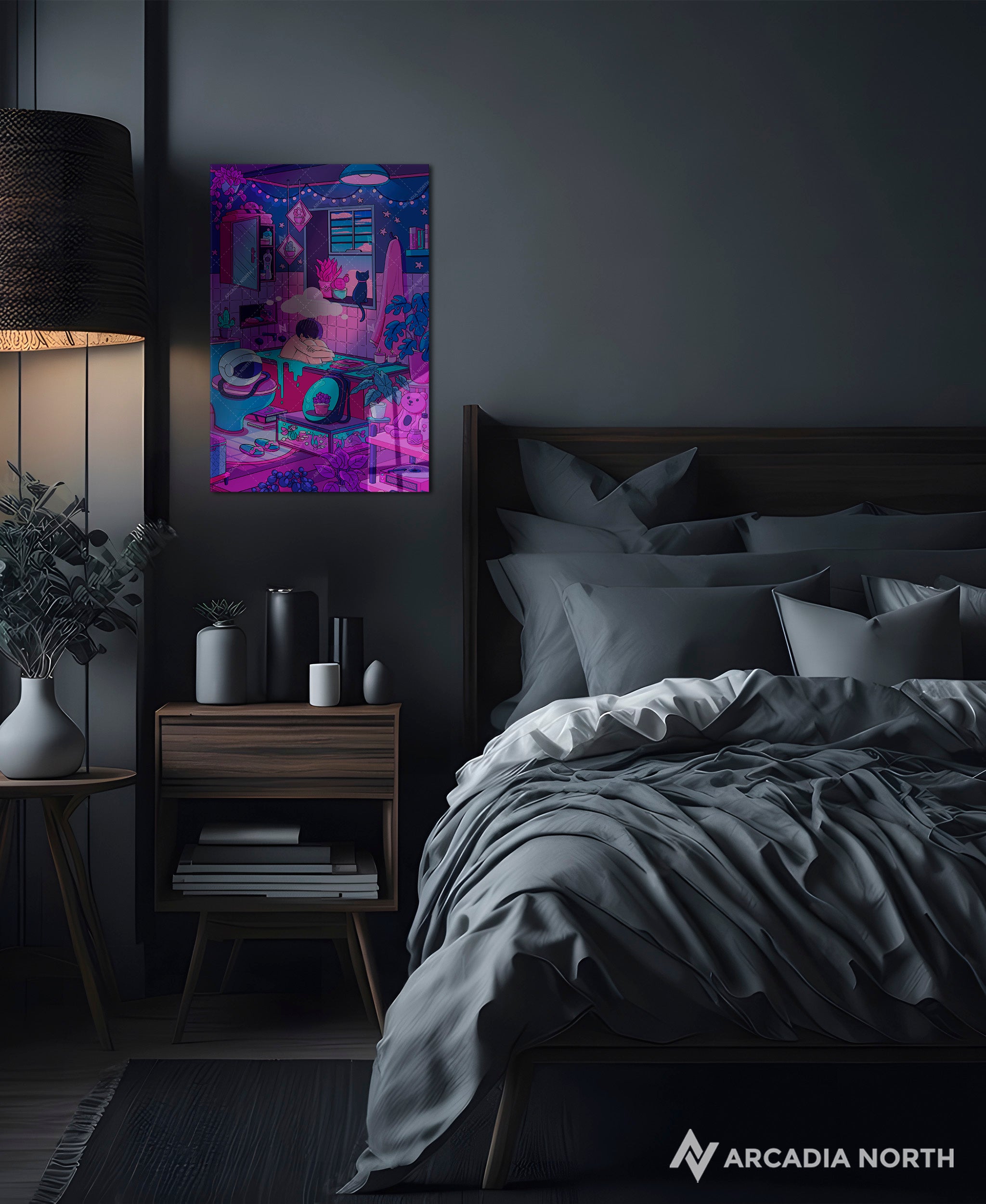 Arcadia North acrylic poster of a vaporwave lofi boy astronaut and his cat. Clouded Thoughts by Torasshuu. Acrylic wall art printed on acrylic.