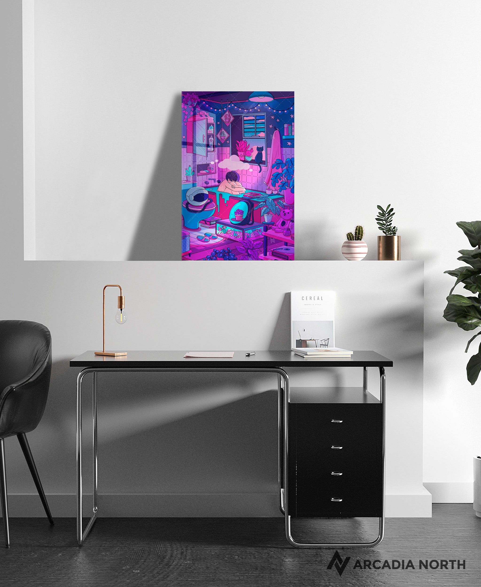 Arcadia North acrylic poster of a vaporwave lofi boy astronaut and his cat. Clouded Thoughts by Torasshuu. Acrylic wall art printed on acrylic.