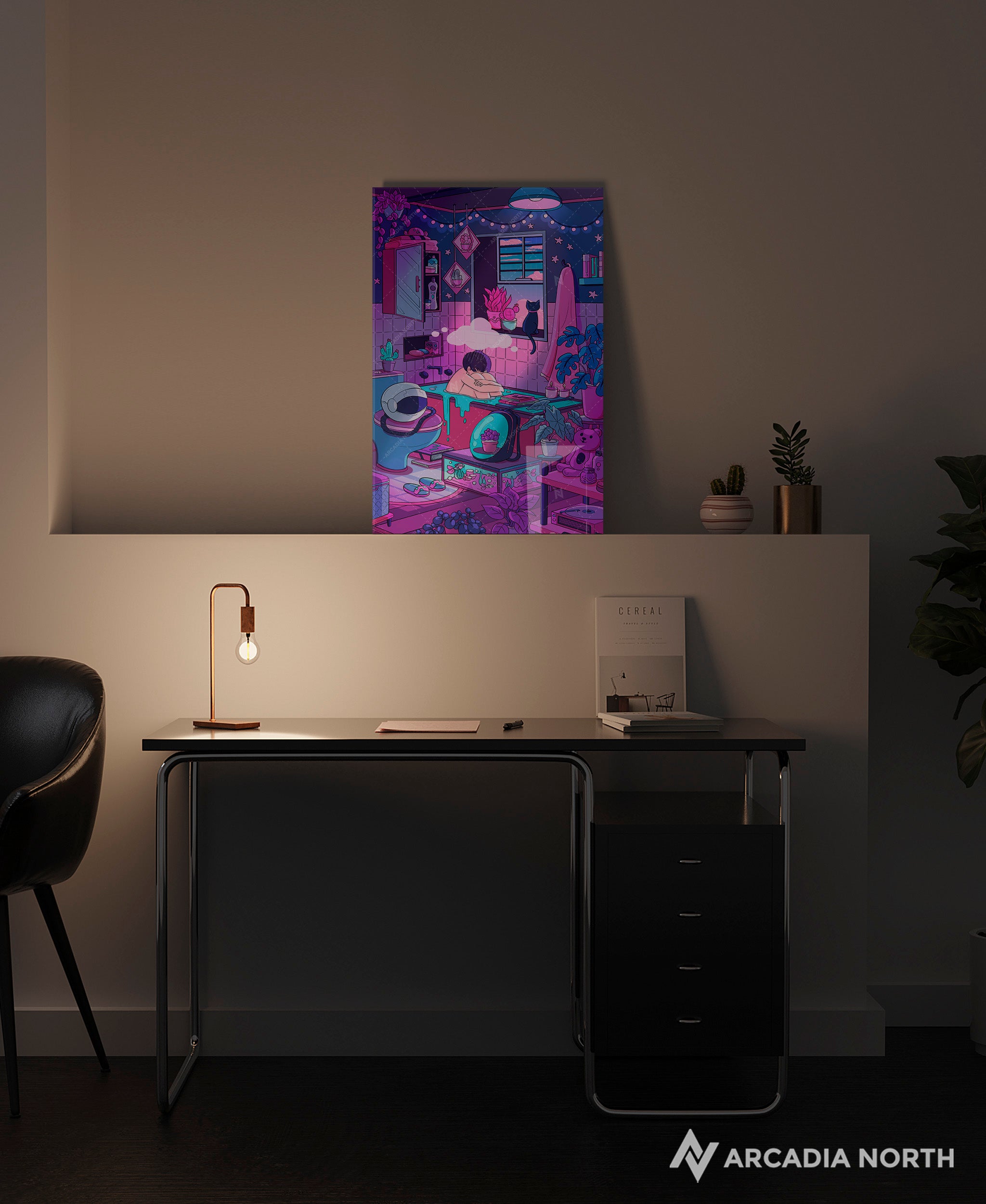 Arcadia North acrylic poster of a vaporwave lofi boy astronaut and his cat. Clouded Thoughts by Torasshuu. Acrylic wall art printed on acrylic.