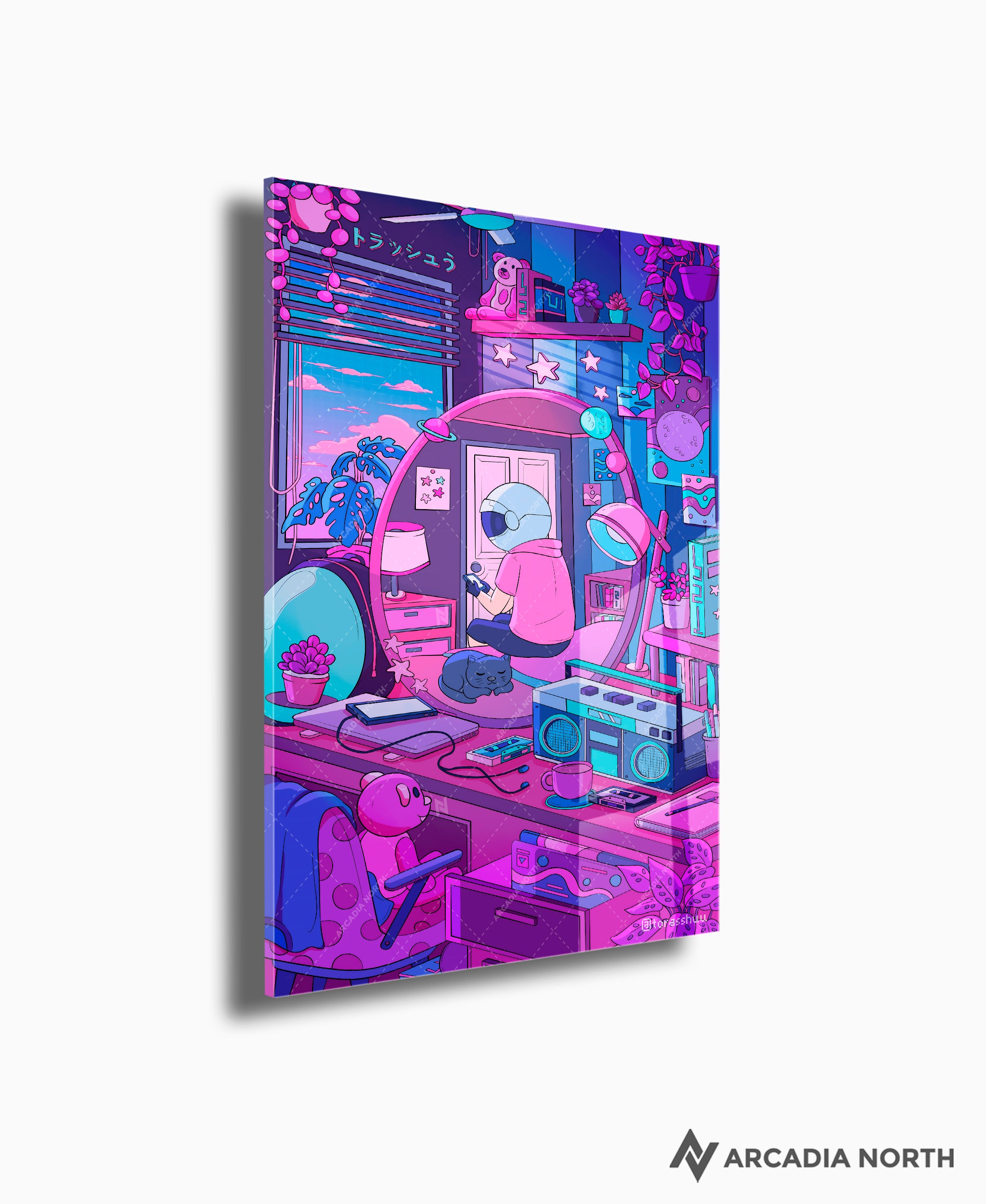 Arcadia North acrylic poster of a vaporwave lofi astronaut and his cat. Cosmic Chill by Torasshuu. Acrylic wall art printed on acrylic.