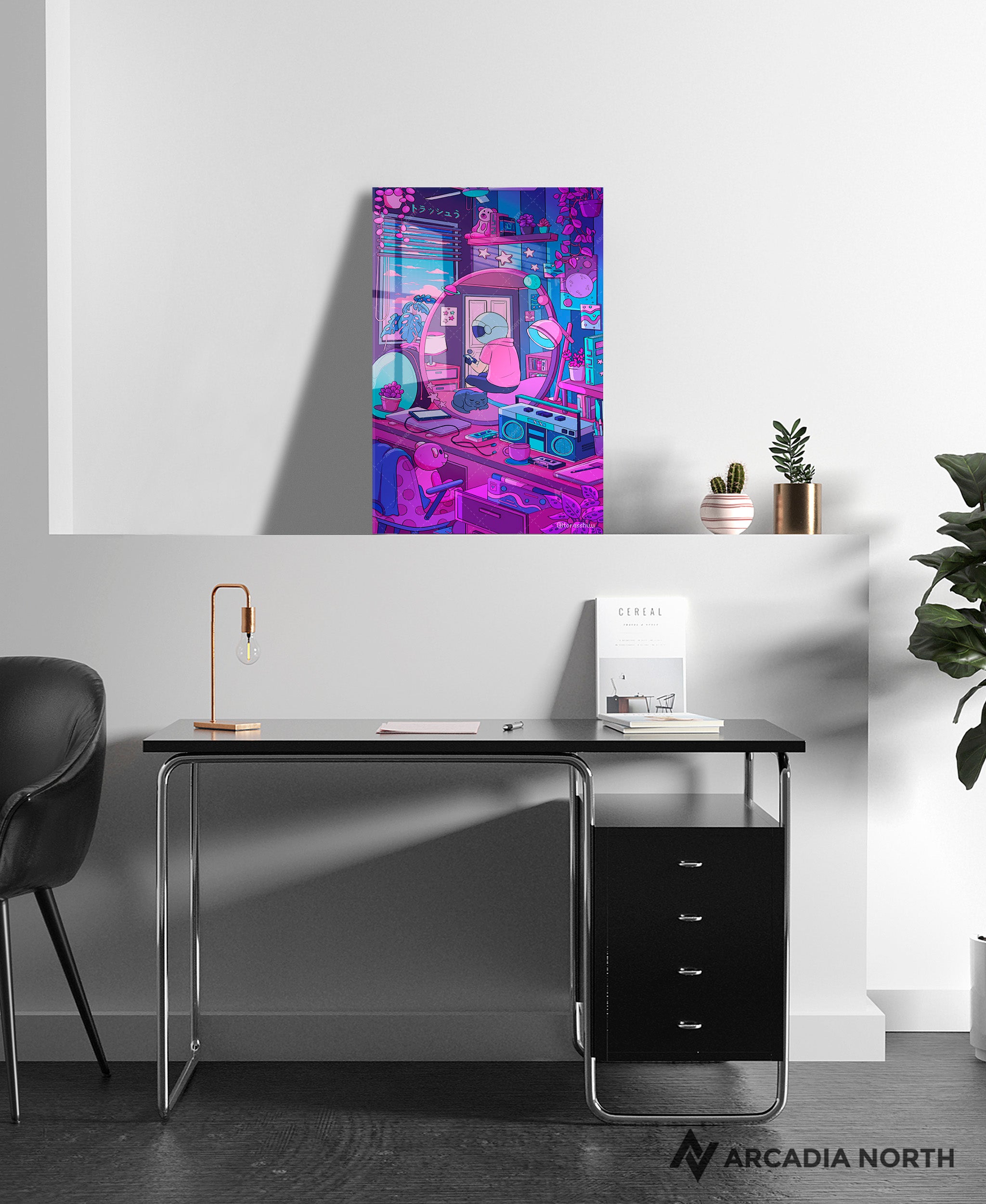 Arcadia North acrylic poster of a vaporwave lofi astronaut and his cat. Cosmic Chill by Torasshuu. Acrylic wall art printed on acrylic.