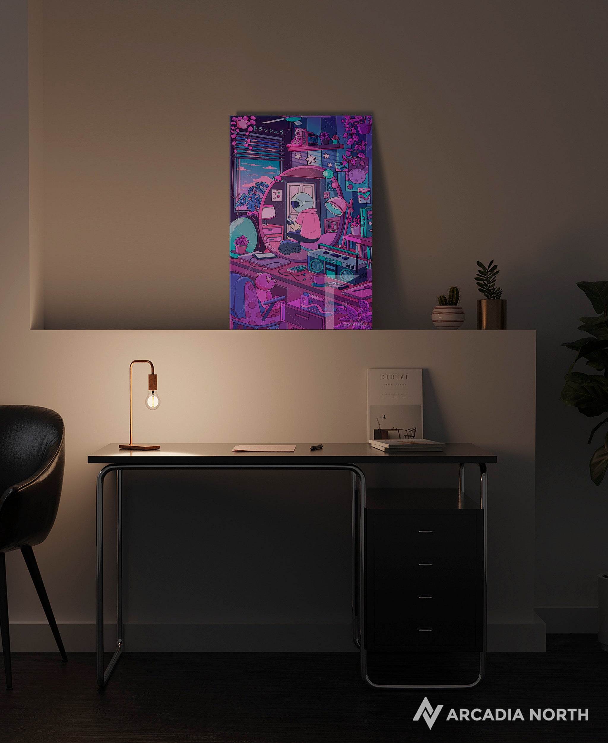 Arcadia North acrylic poster of a vaporwave lofi astronaut and his cat. Cosmic Chill by Torasshuu. Acrylic wall art printed on acrylic.