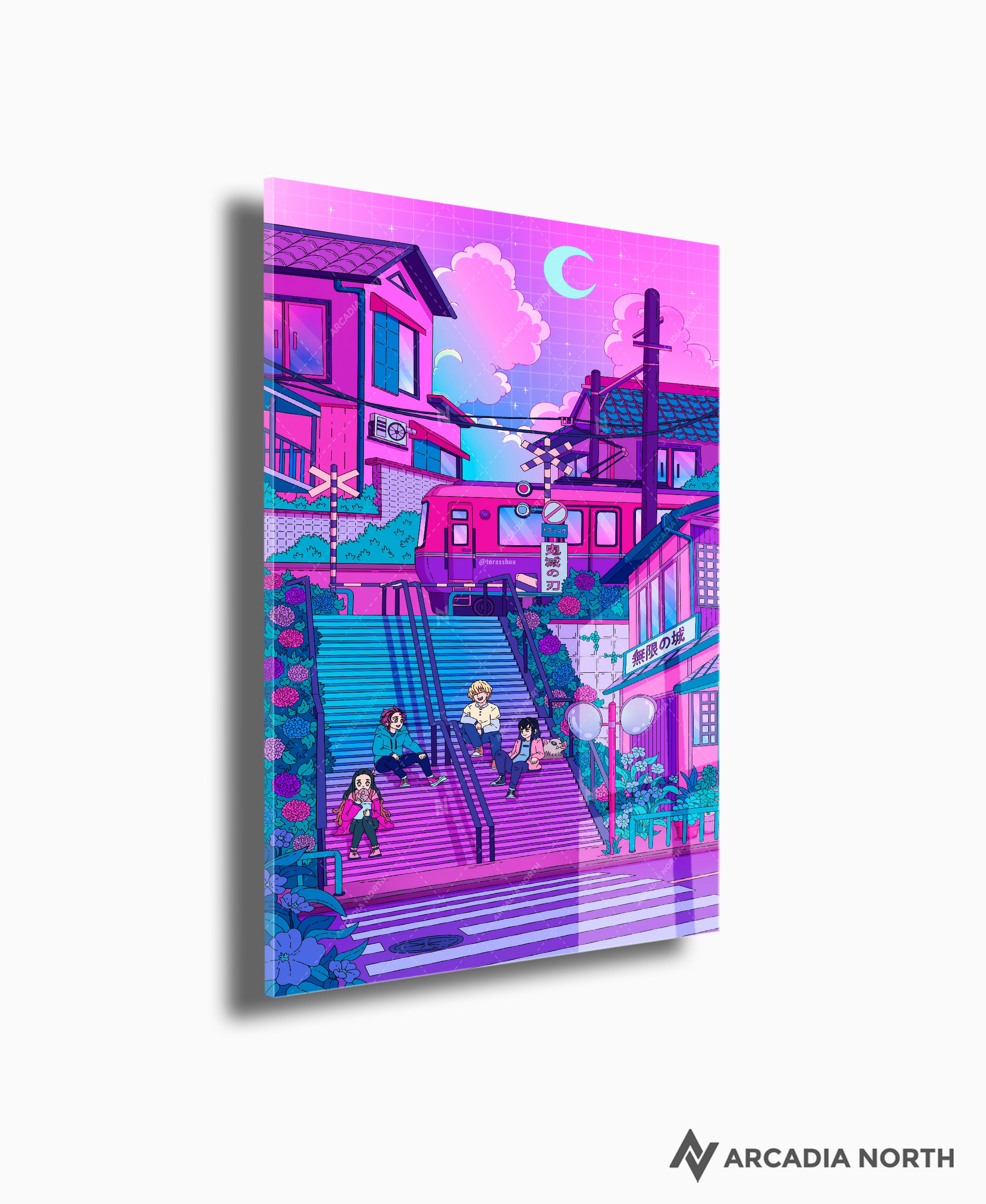 Demon Slayer Kimetsu no Yaiba anime acrylic poster by Arcadia North. Tanjiro, Nezuko, Zenitsu, and Inosuke in lofi retrowave style. Artist Torasshuu. Acrylic wall art printed on acrylic.