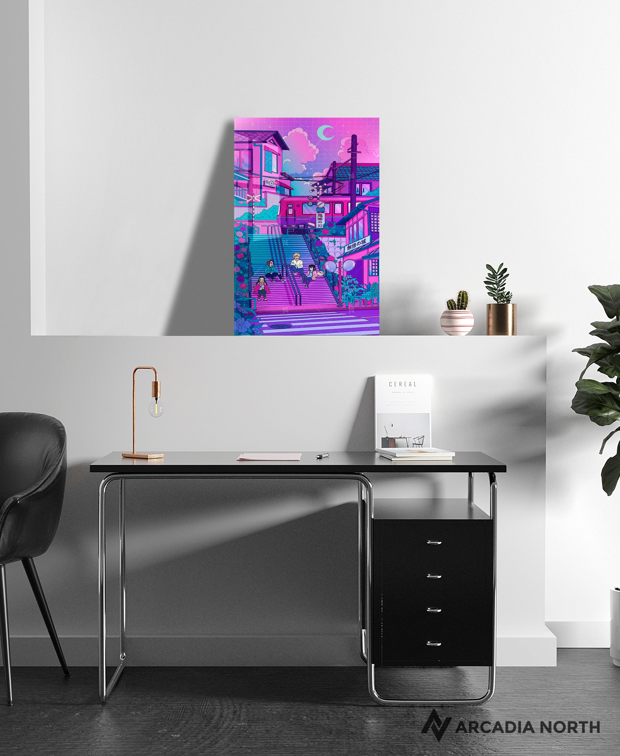 Demon Slayer Kimetsu no Yaiba anime acrylic poster by Arcadia North. Tanjiro, Nezuko, Zenitsu, and Inosuke in lofi retrowave style. Artist Torasshuu. Acrylic wall art printed on acrylic.