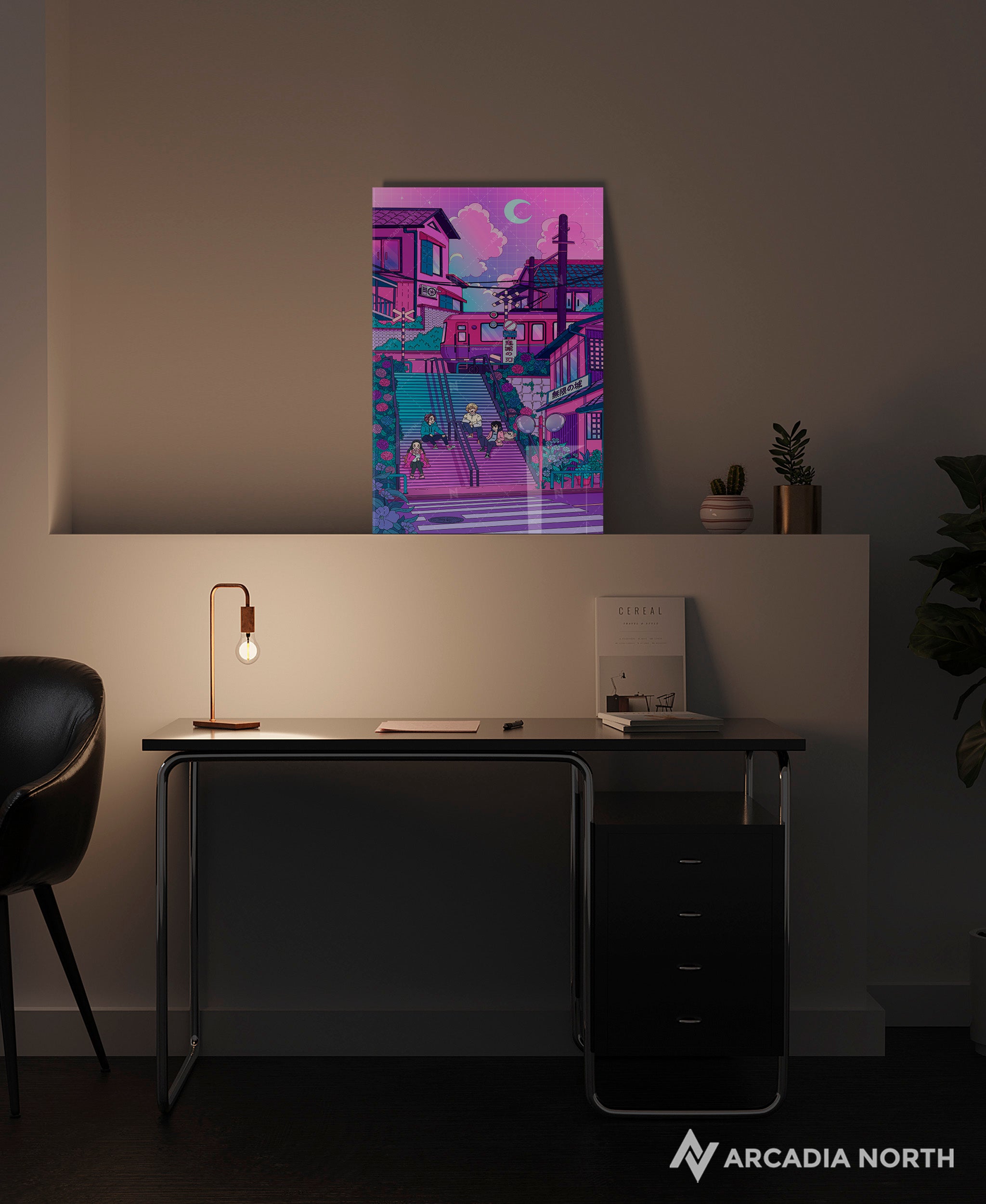 Demon Slayer Kimetsu no Yaiba anime acrylic poster by Arcadia North. Tanjiro, Nezuko, Zenitsu, and Inosuke in lofi retrowave style. Artist Torasshuu. Acrylic wall art printed on acrylic.