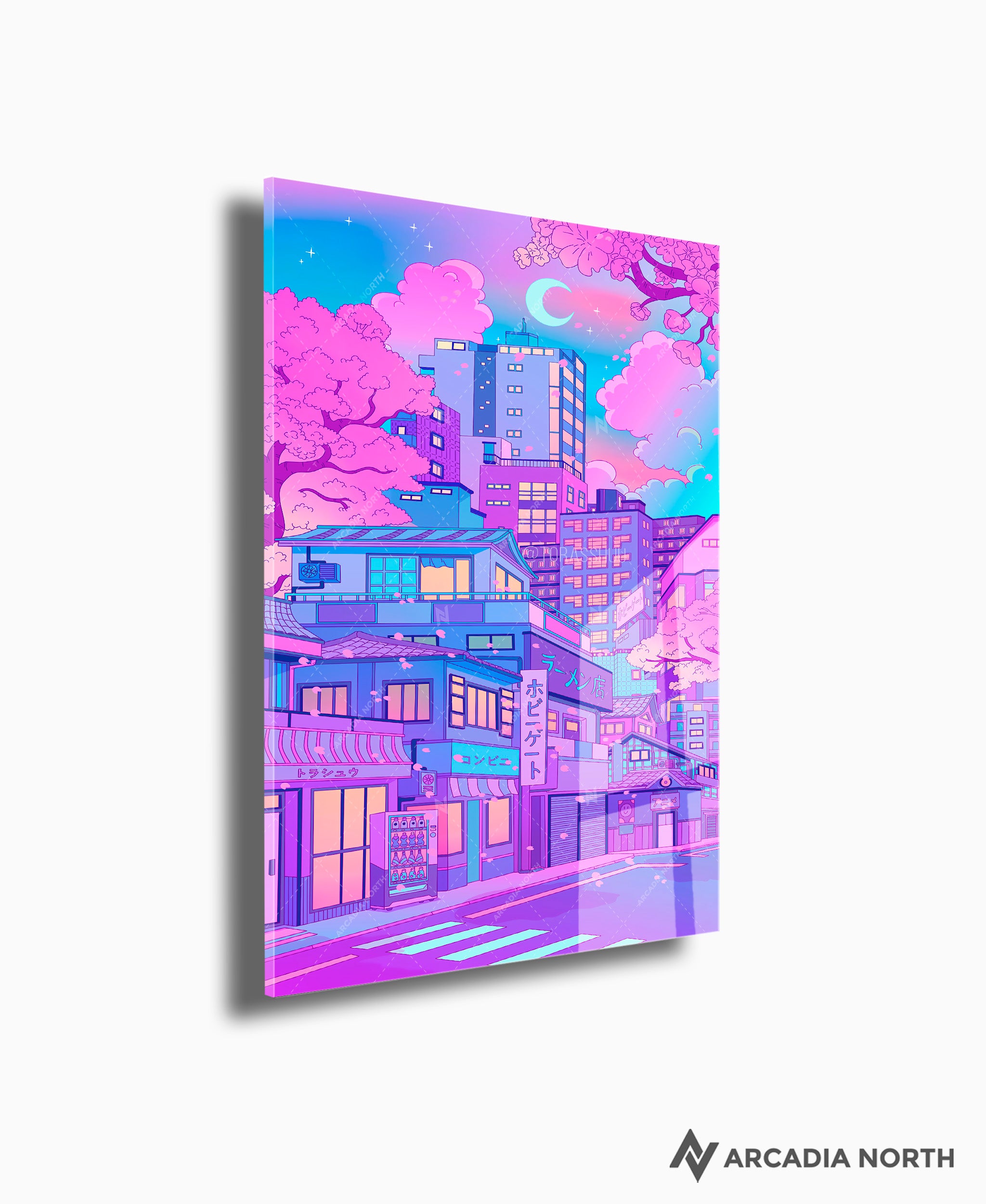 Arcadia North acrylic poster of a dreamwave Japanese city street. Neon Sakura City by Torasshuu. Acrylic wall art printed on acrylic.