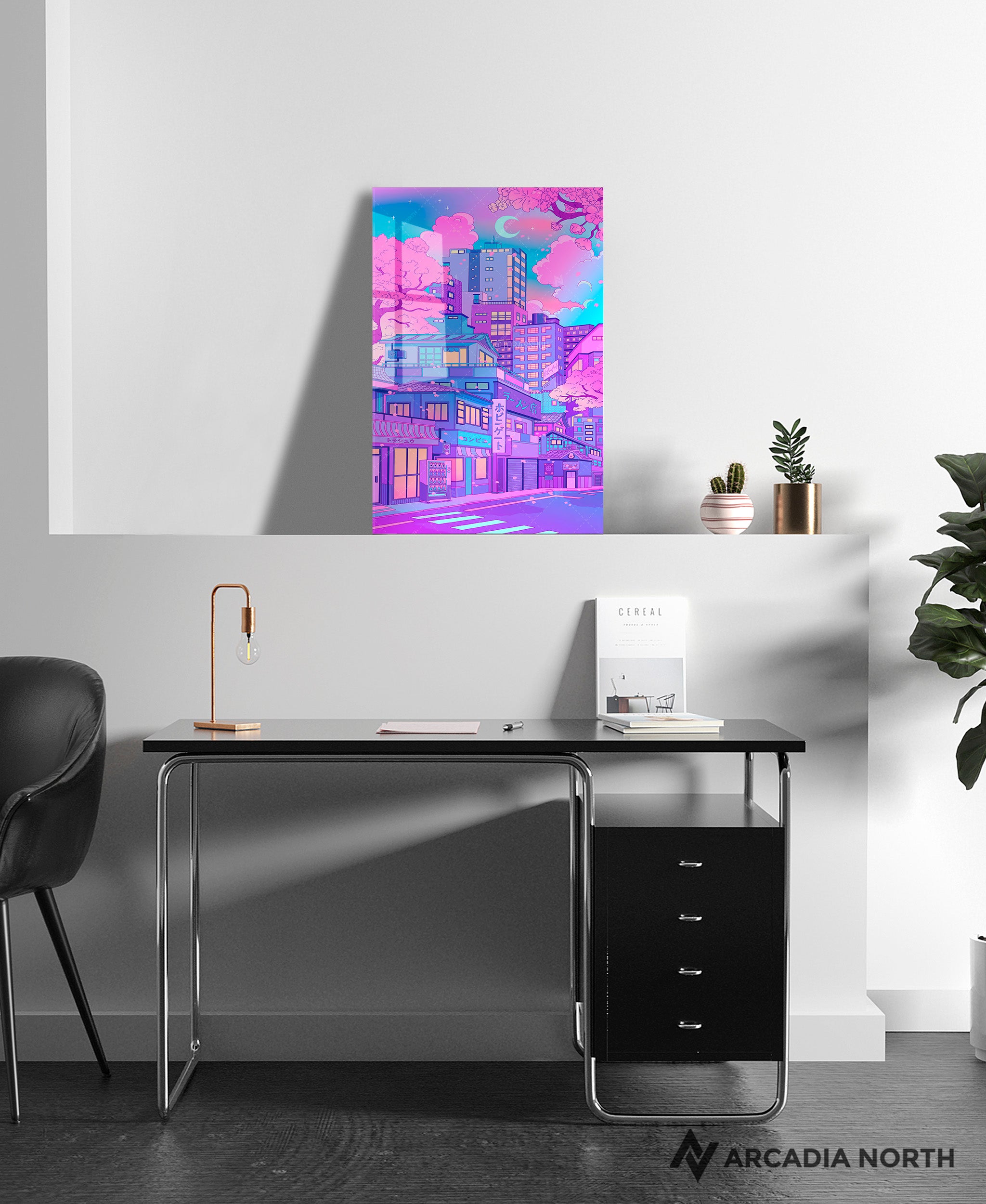 Arcadia North acrylic poster of a dreamwave Japanese city street. Neon Sakura City by Torasshuu. Acrylic wall art printed on acrylic.