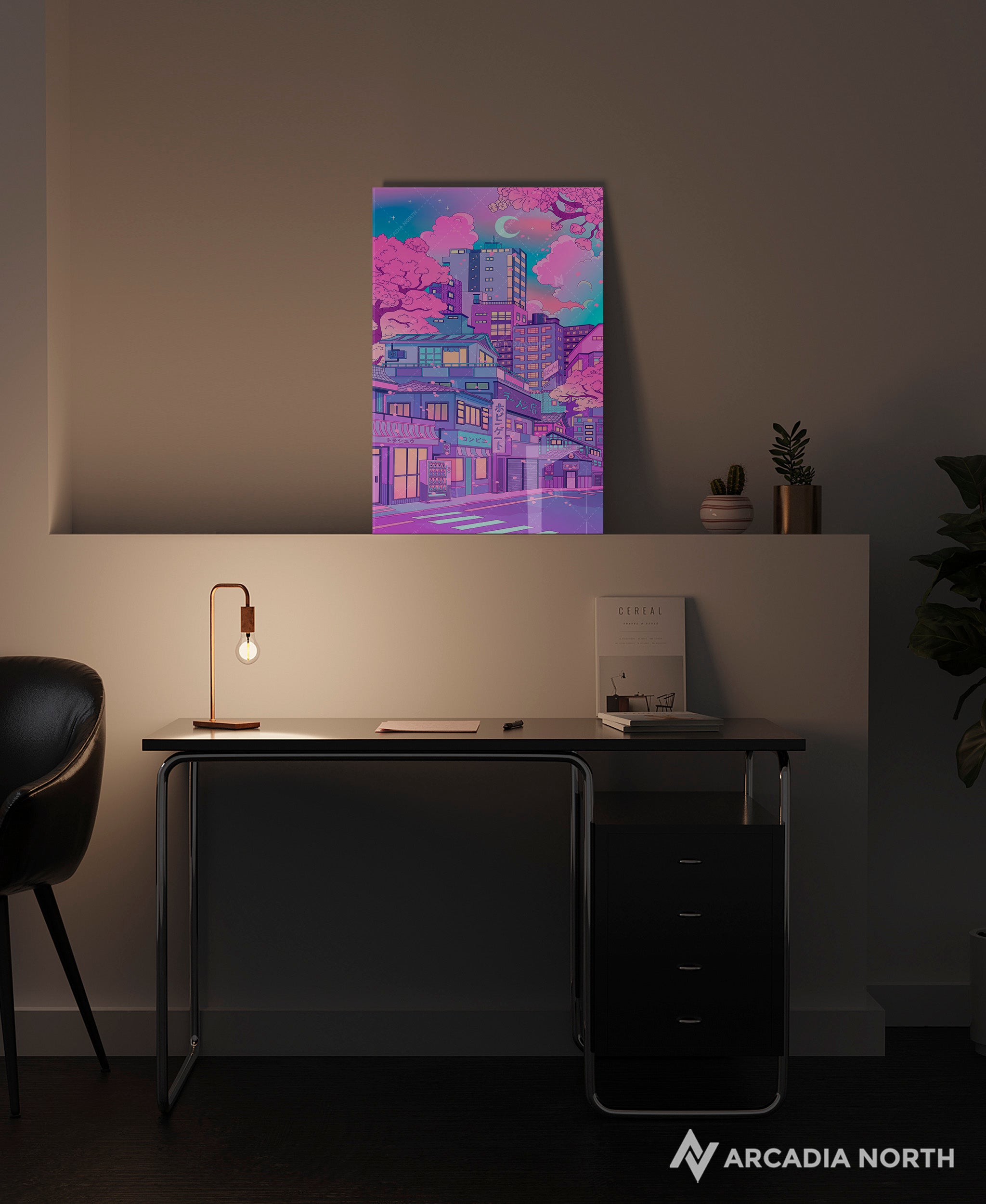 Arcadia North acrylic poster of a dreamwave Japanese city street. Neon Sakura City by Torasshuu. Acrylic wall art printed on acrylic.