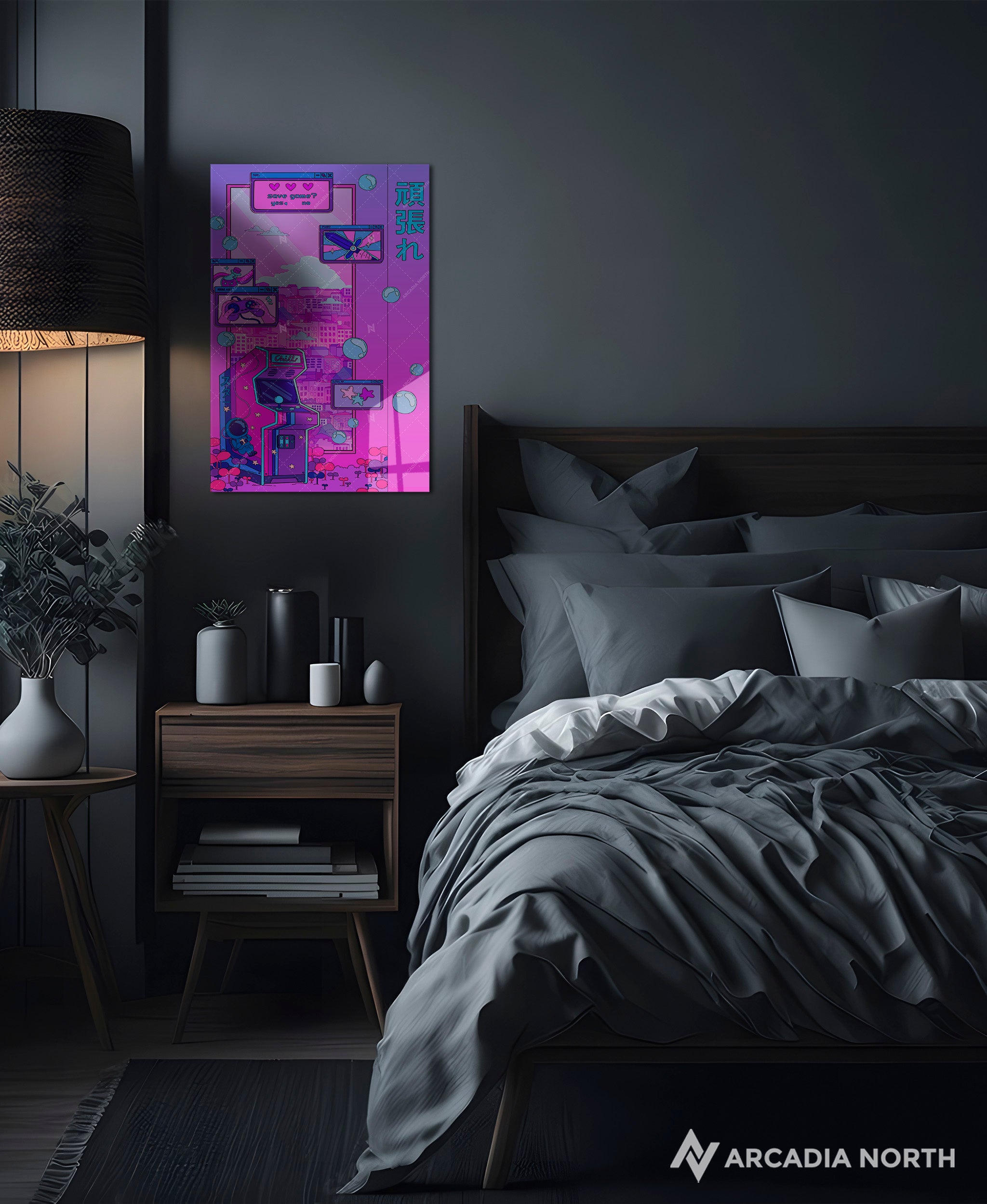 Arcadia North acrylic poster of a gamer's lofi dream arcade. Pixel Dreams by Torasshuu. Acrylic wall art printed on acrylic.