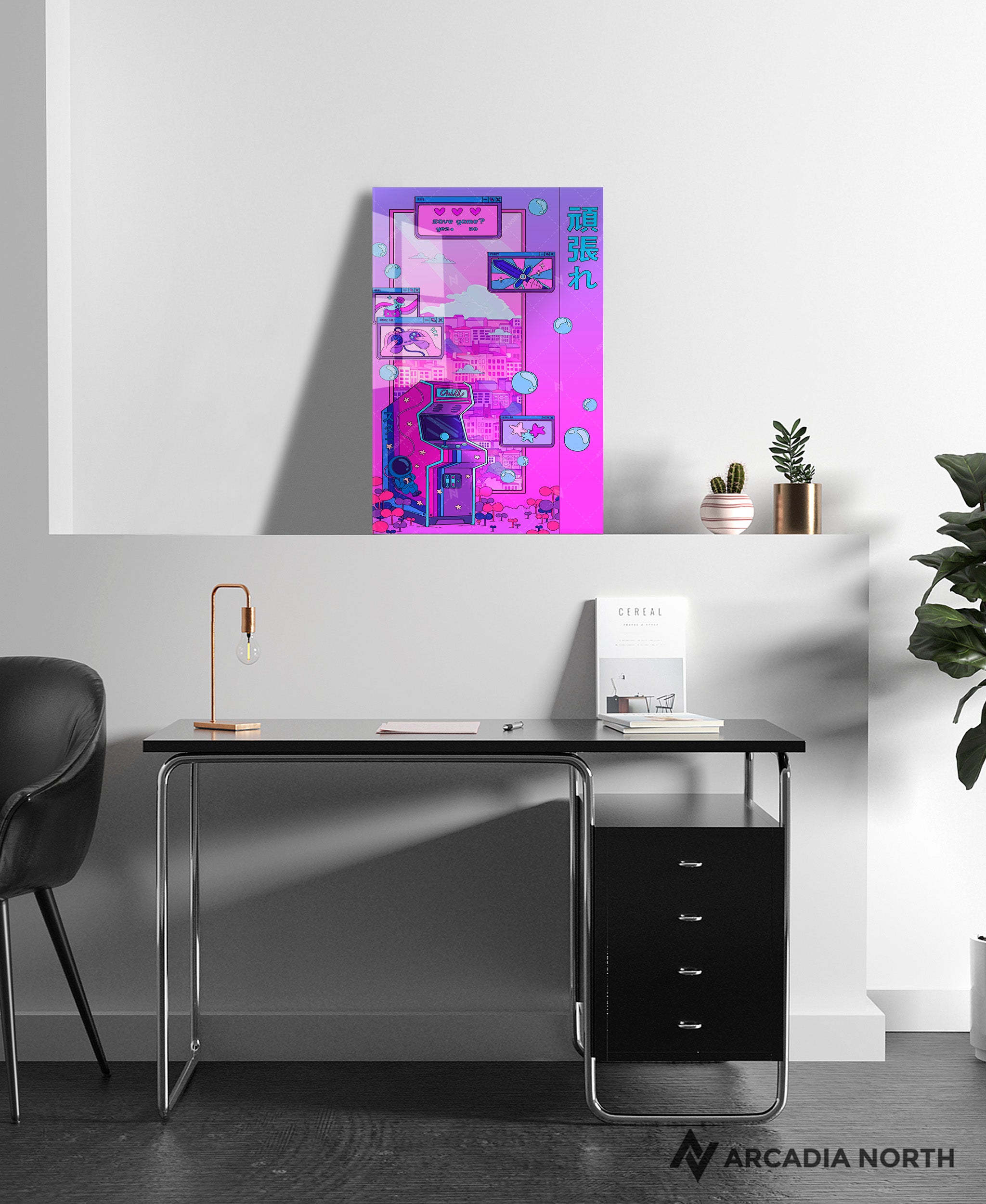 Arcadia North acrylic poster of a gamer's lofi dream arcade. Pixel Dreams by Torasshuu. Acrylic wall art printed on acrylic.