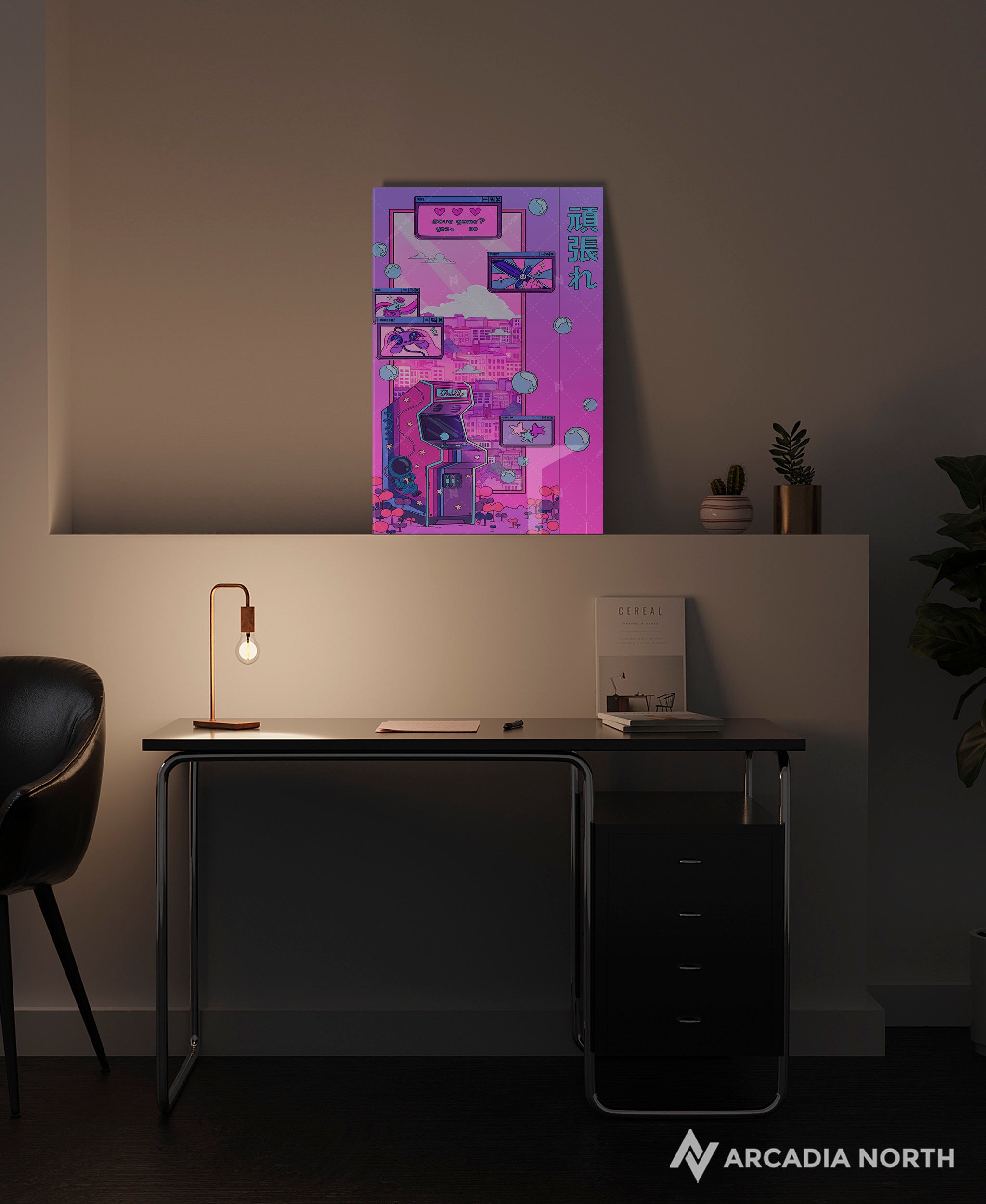 Arcadia North acrylic poster of a gamer's lofi dream arcade. Pixel Dreams by Torasshuu. Acrylic wall art printed on acrylic.