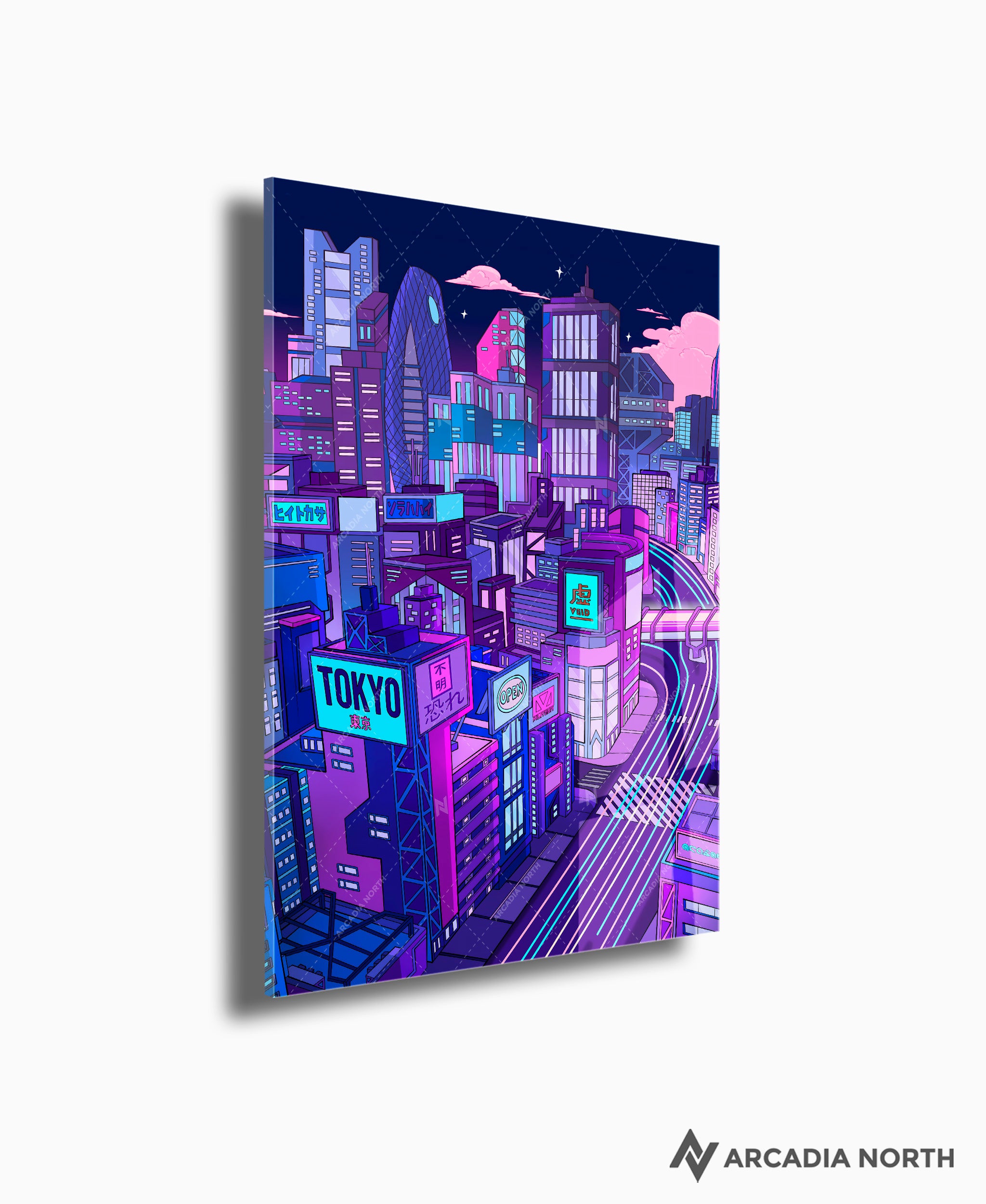 Arcadia North acrylic poster of a retrofuture Tokyo city. Retrofuture Tokyo by Torasshuu. Acrylic wall art printed on acrylic.