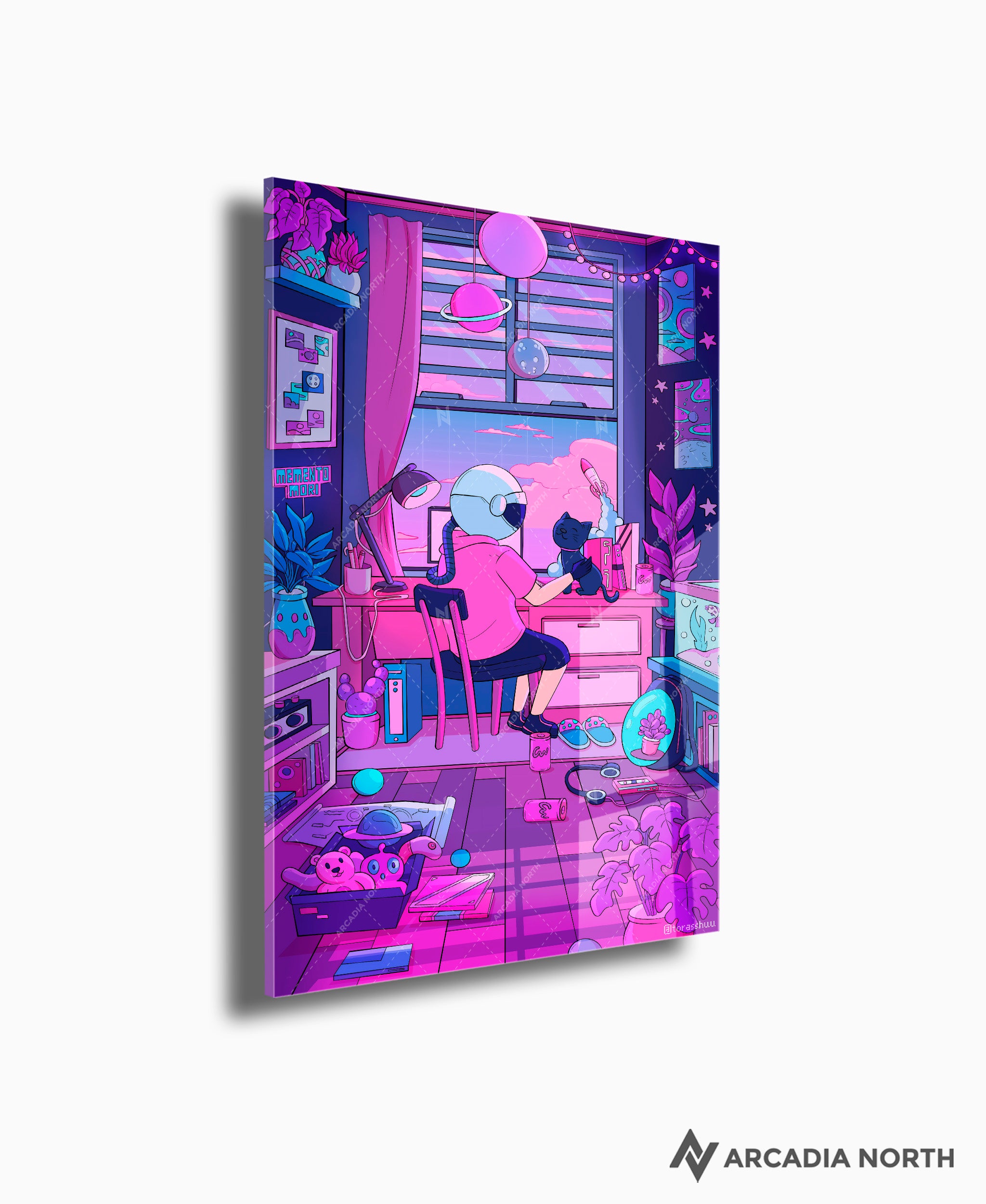 Arcadia North acrylic poster of a vaporwave lofi astronaut and his cat. Together, Dreaming by Torasshuu. Acrylic wall art printed on acrylic.