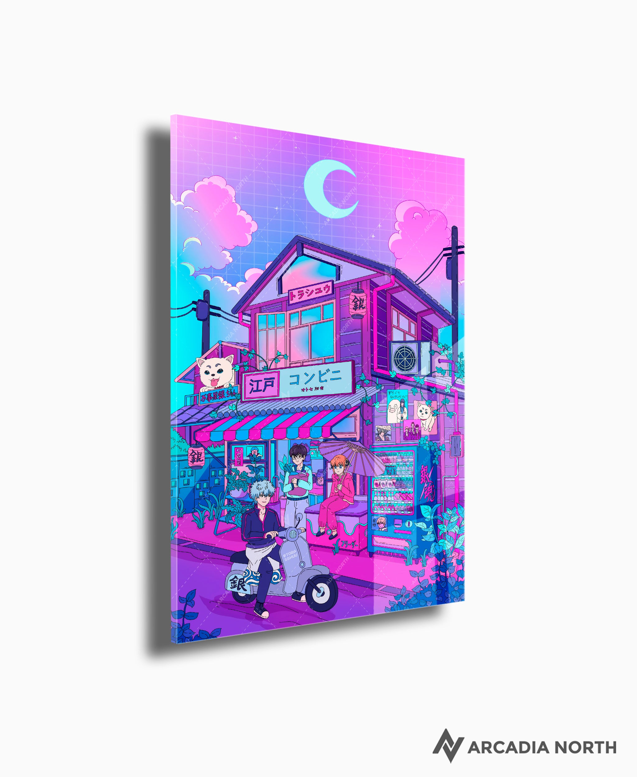 Gintama anime acrylic poster by Arcadia North. Yorozuya Gin-chan members Sakata Gintoki, Shimura Shinpachi, Kagura, and Sadaharu in lofi retrowave style. Artist Torasshuu. Acrylic wall art printed on acrylic.