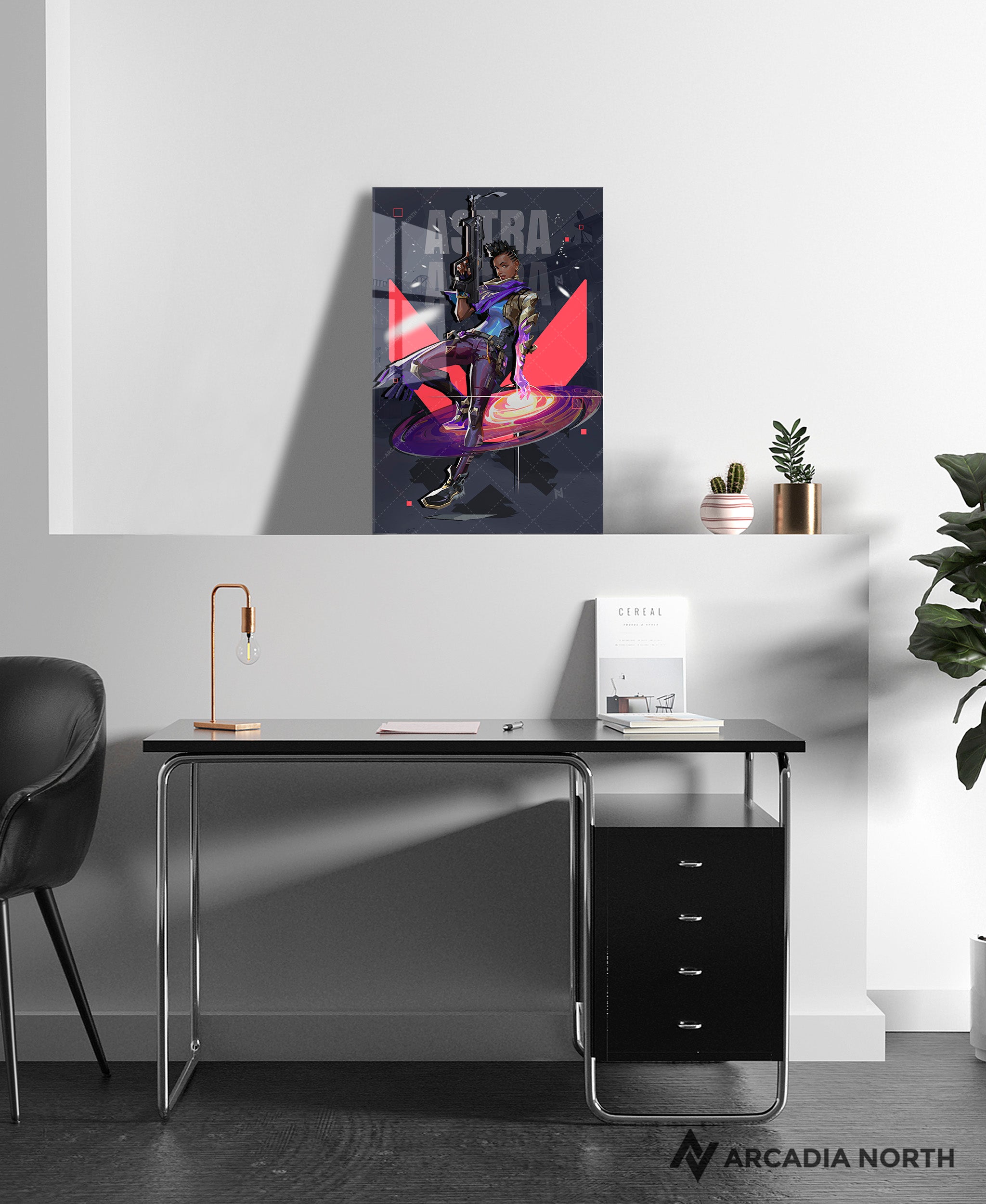 Valorant gaming acrylic poster by Arcadia North. Astra agent wallpaper on dark/black background. Acrylic wall art printed on acrylic.