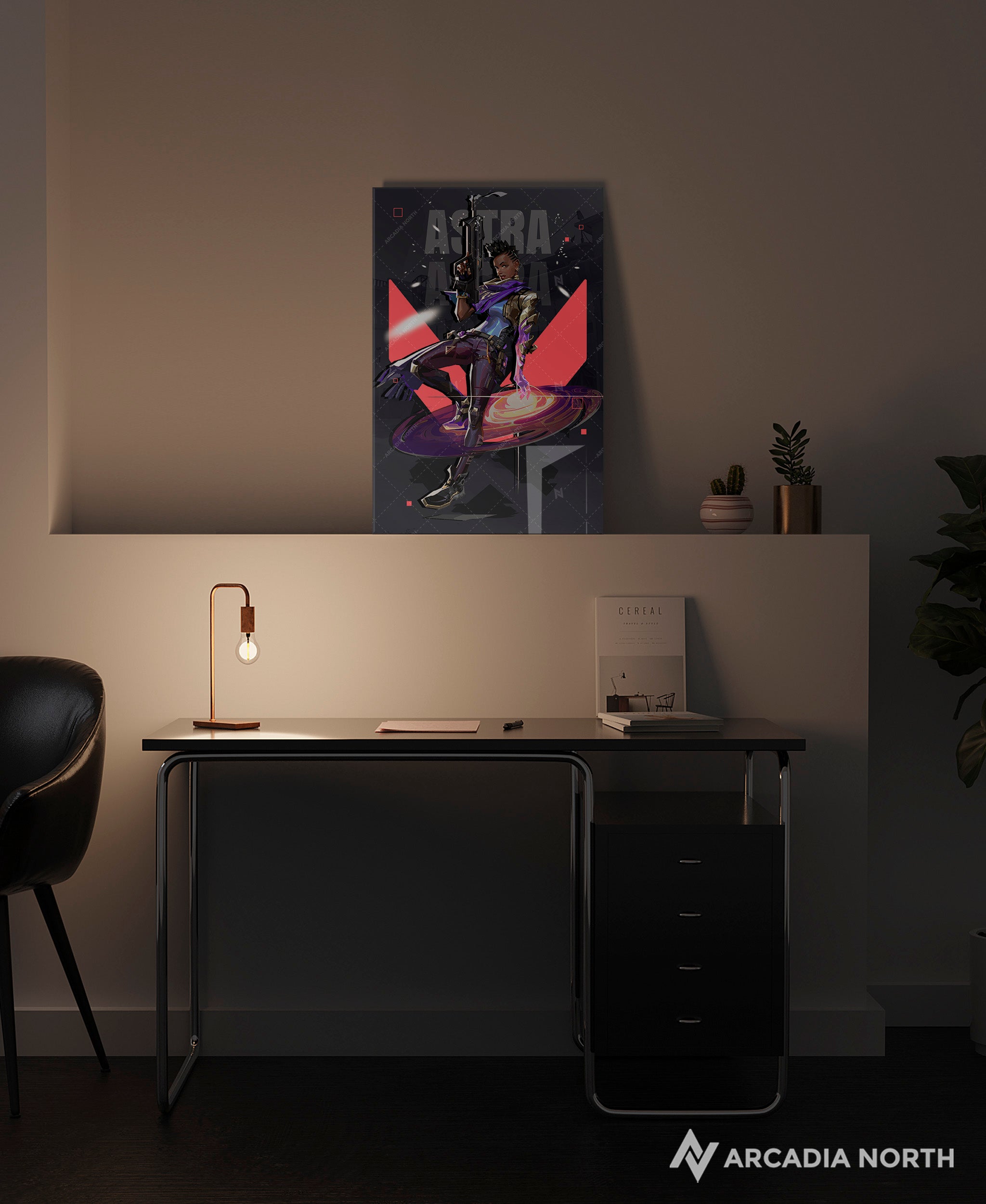 Valorant gaming acrylic poster by Arcadia North. Astra agent wallpaper on dark/black background. Acrylic wall art printed on acrylic.