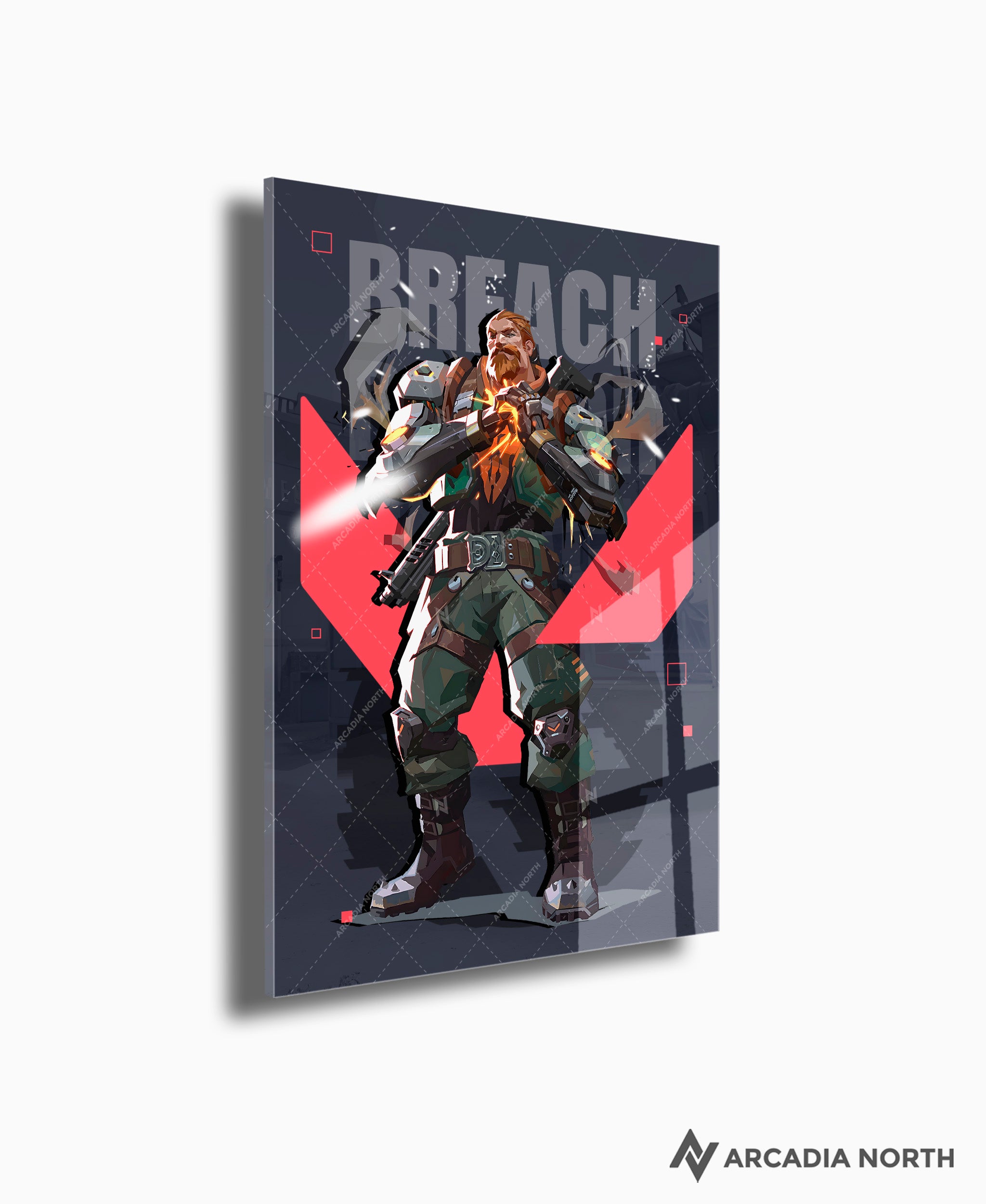 Valorant gaming acrylic poster by Arcadia North. Breach agent wallpaper on dark/black background. Acrylic wall art printed on acrylic.