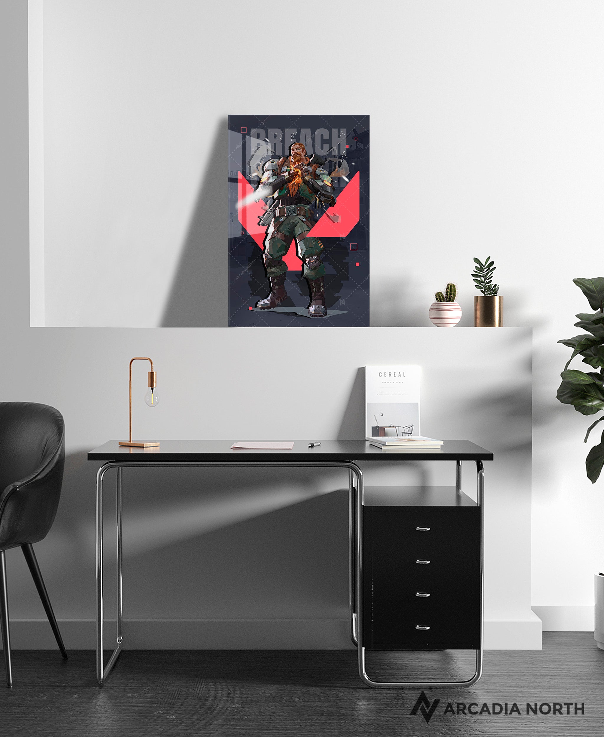 Valorant gaming acrylic poster by Arcadia North. Breach agent wallpaper on dark/black background. Acrylic wall art printed on acrylic.