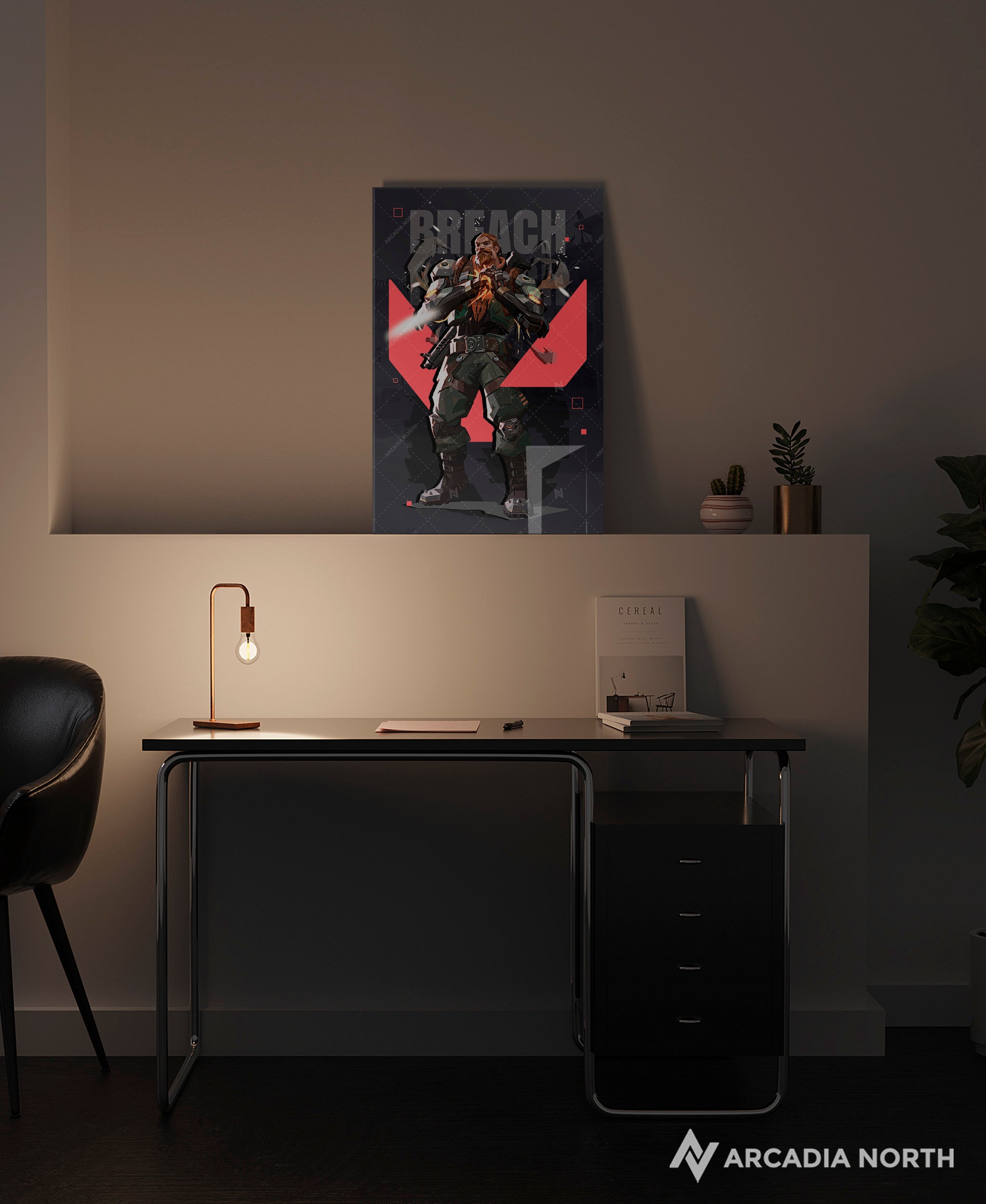 Valorant gaming acrylic poster by Arcadia North. Breach agent wallpaper on dark/black background. Acrylic wall art printed on acrylic.