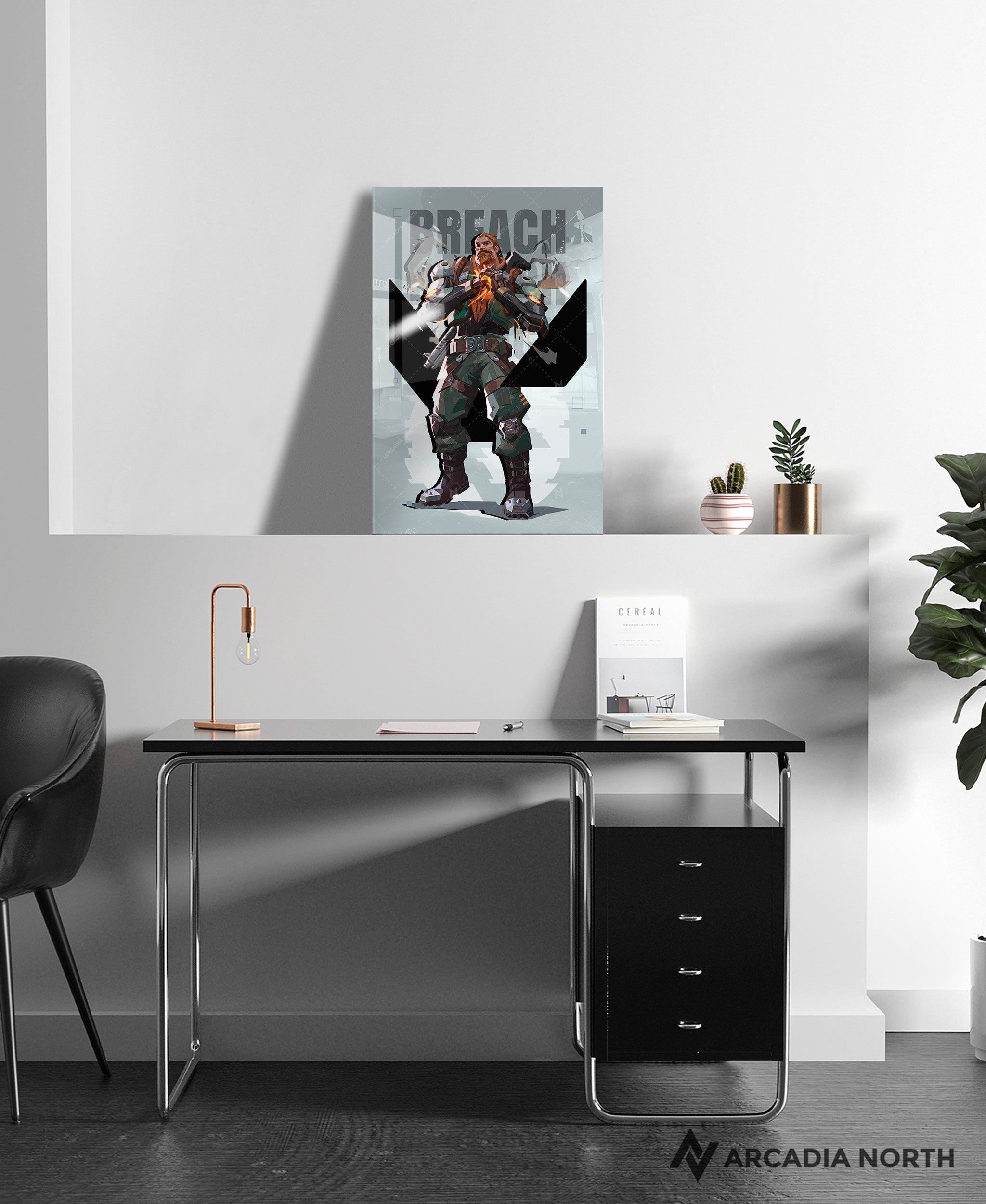 Valorant gaming acrylic poster by Arcadia North. Breach agent wallpaper on light/white background. Acrylic wall art printed on acrylic.