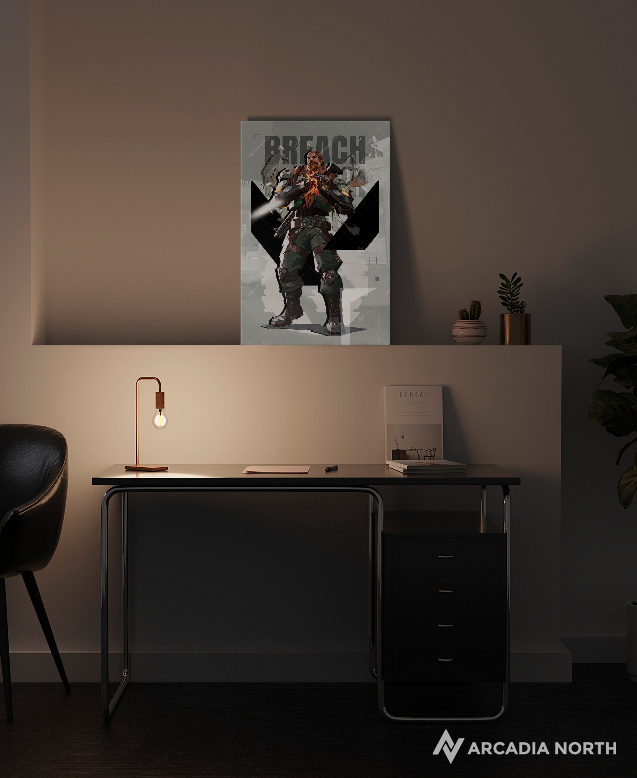 Valorant gaming acrylic poster by Arcadia North. Breach agent wallpaper on light/white background. Acrylic wall art printed on acrylic.