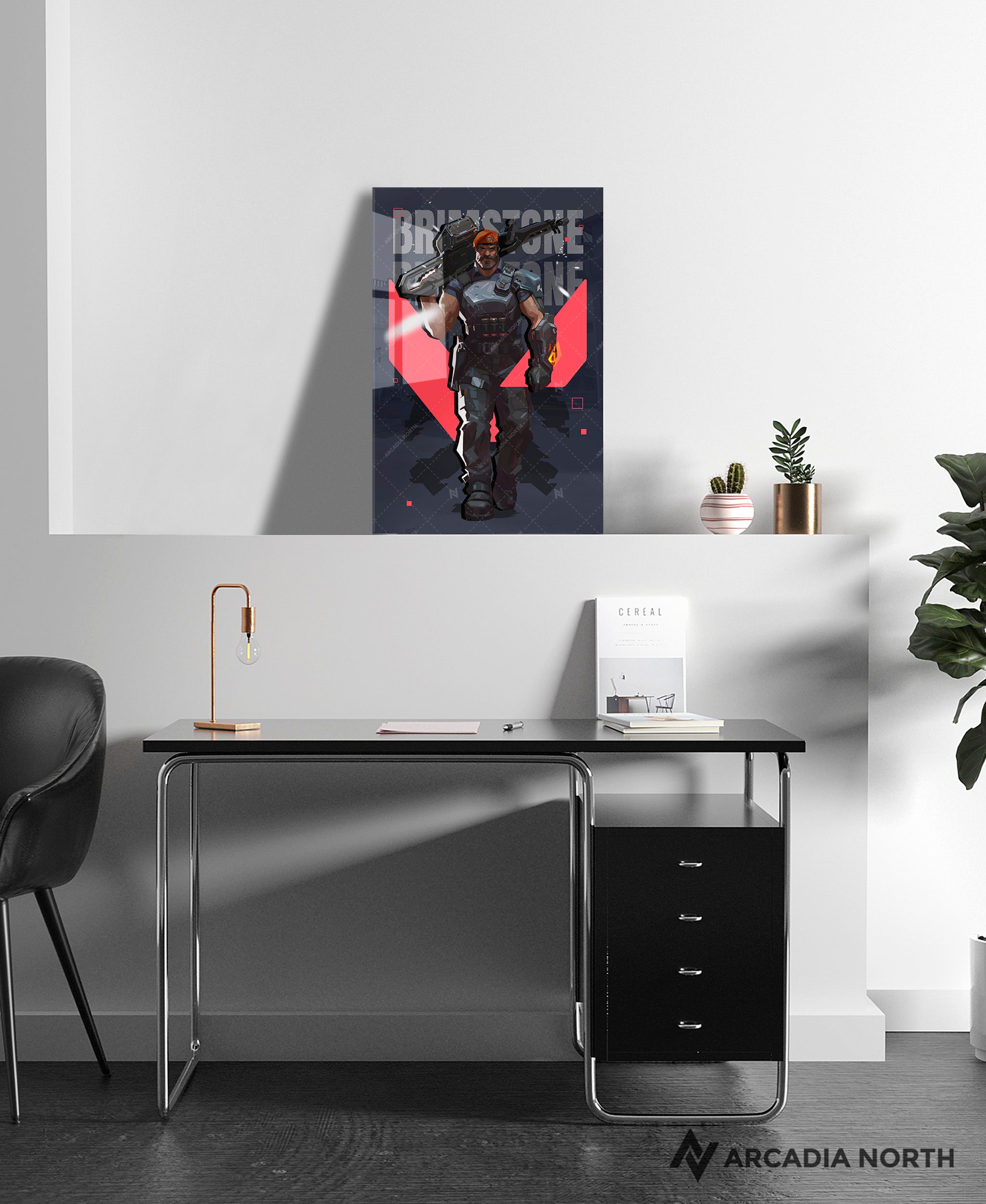 Valorant gaming acrylic poster by Arcadia North. Brimstone agent wallpaper on dark/black background. Acrylic wall art printed on acrylic.