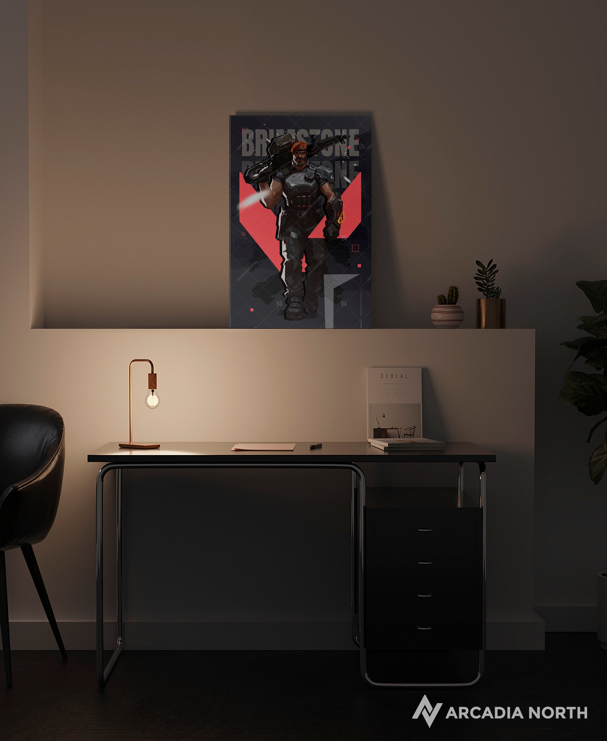 Valorant gaming acrylic poster by Arcadia North. Brimstone agent wallpaper on dark/black background. Acrylic wall art printed on acrylic.