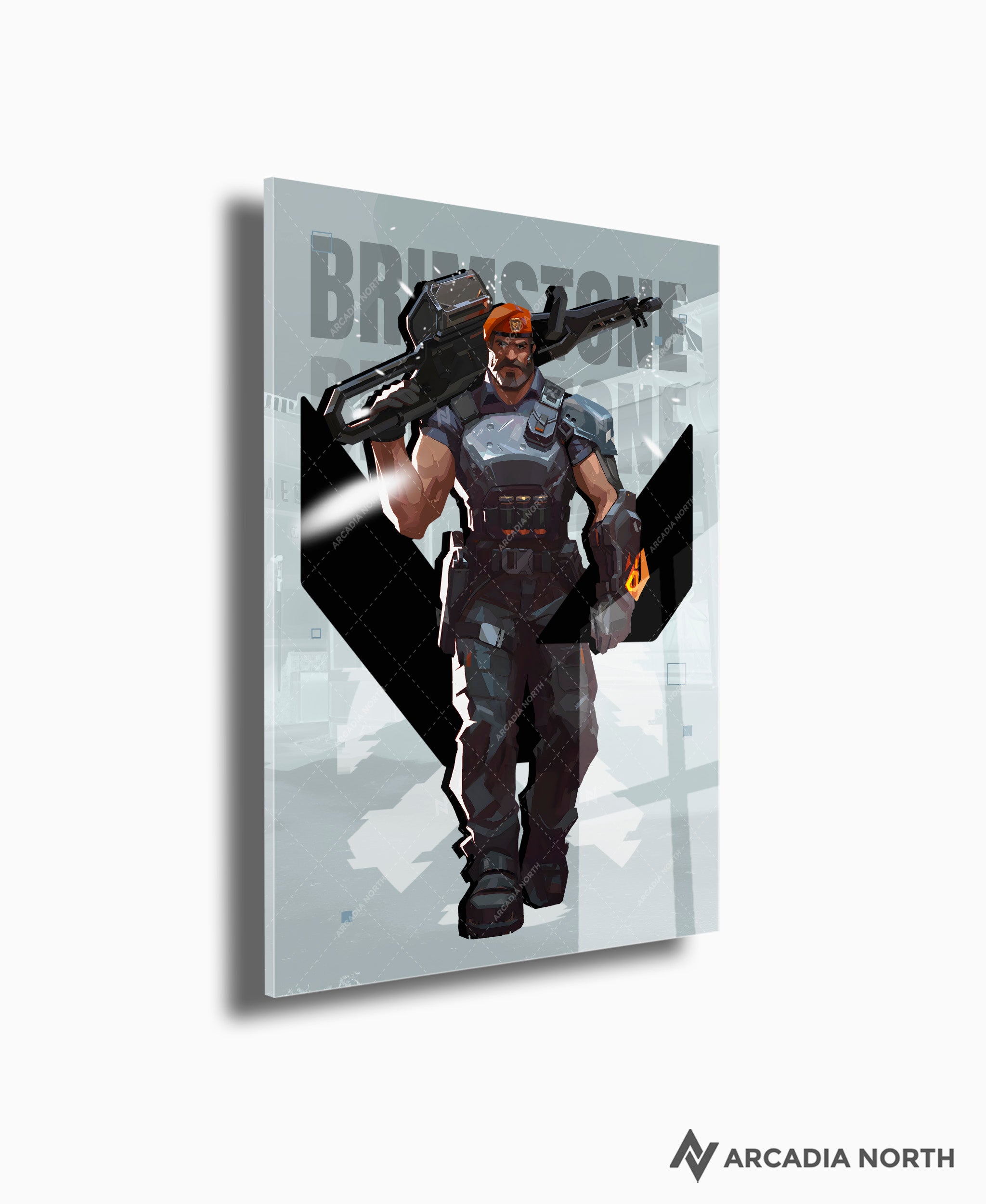 Valorant gaming acrylic poster by Arcadia North. Brimstone agent wallpaper on light/white background. Acrylic wall art printed on acrylic.