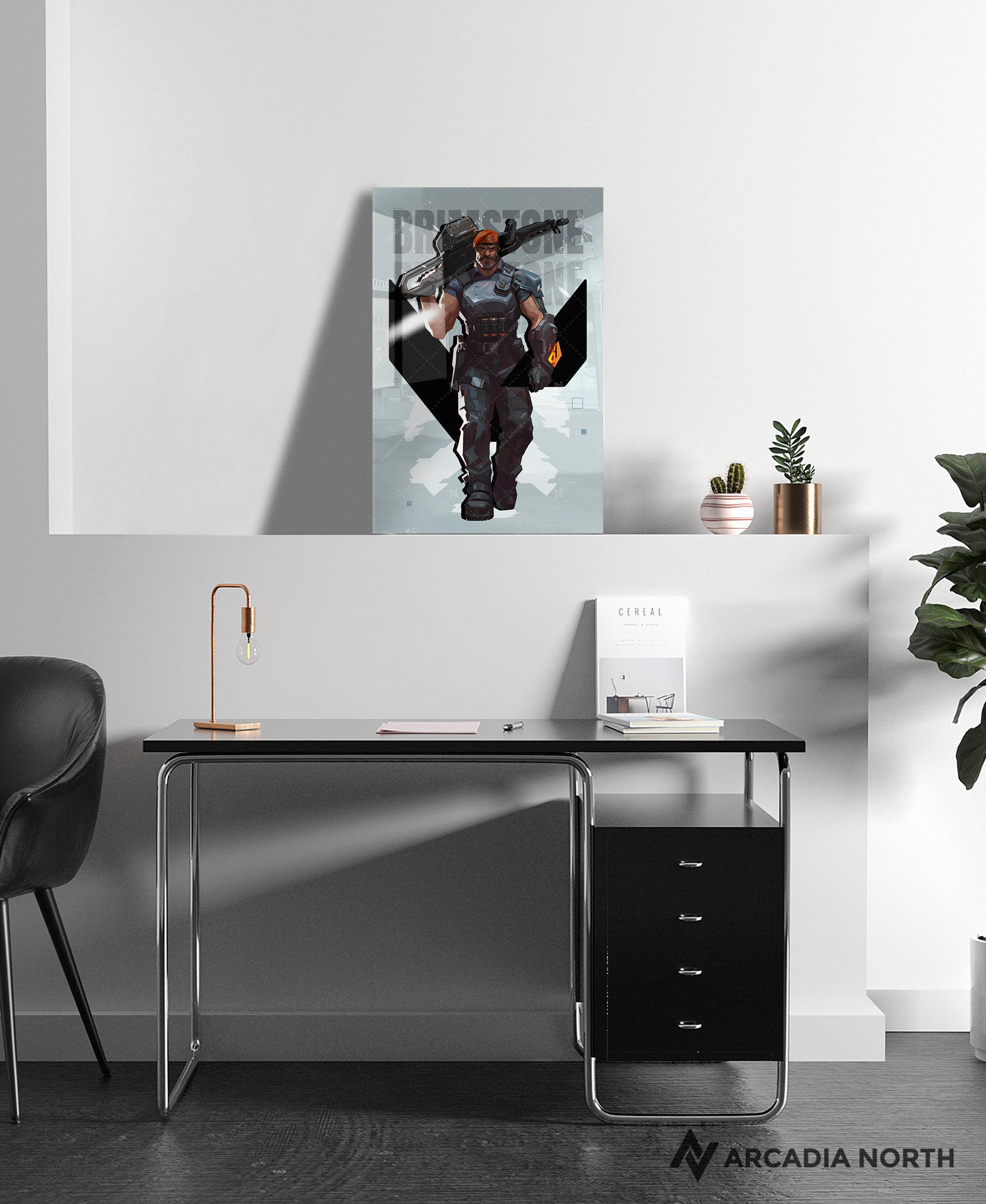 Valorant gaming acrylic poster by Arcadia North. Brimstone agent wallpaper on light/white background. Acrylic wall art printed on acrylic.